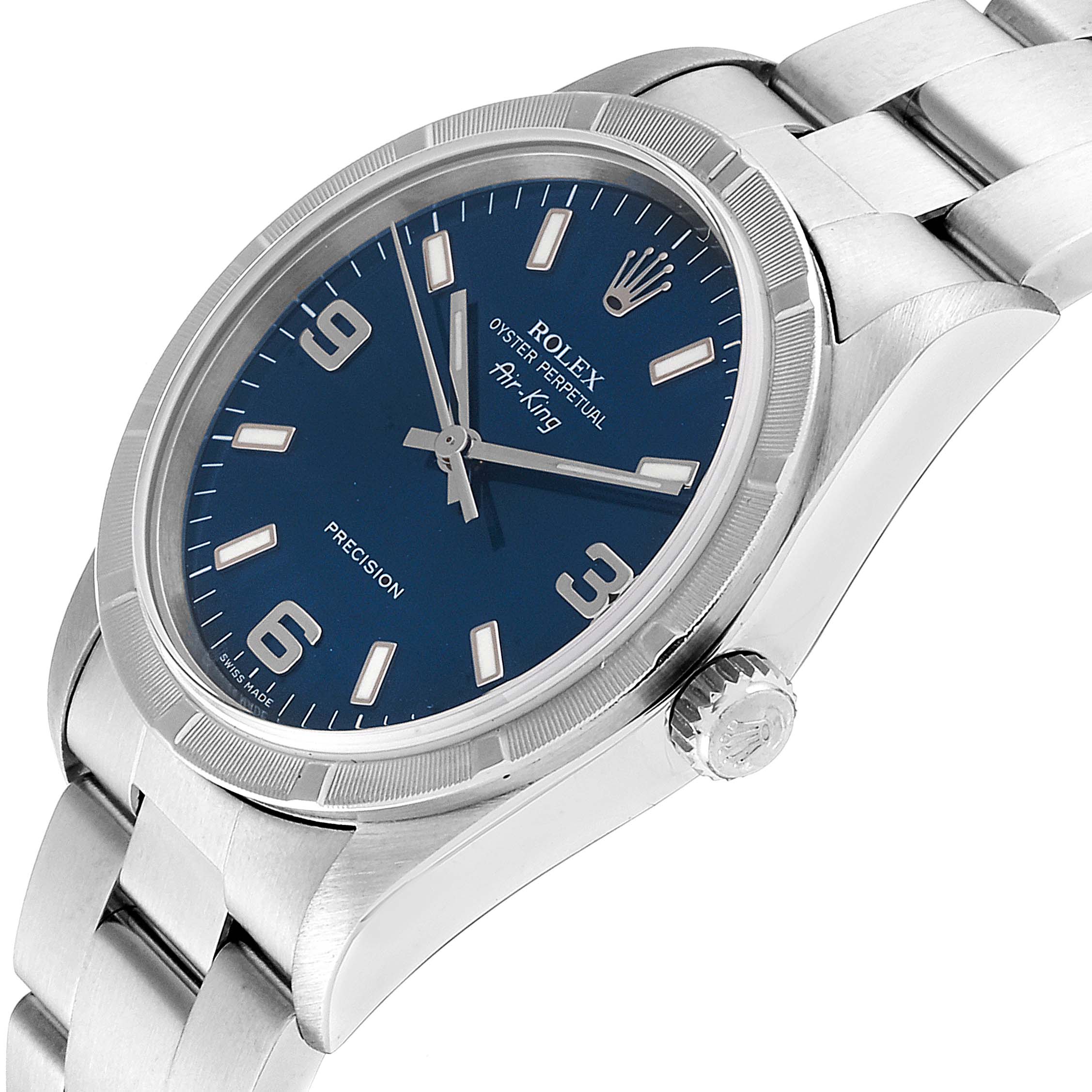 The image shows a side angle of the Rolex Air-King 14010 Men's Stainless Steel Blue Dial 14010 Men's Stainless Steel Blue Dial watch highlighting its blue dial, crown, and bracelet.