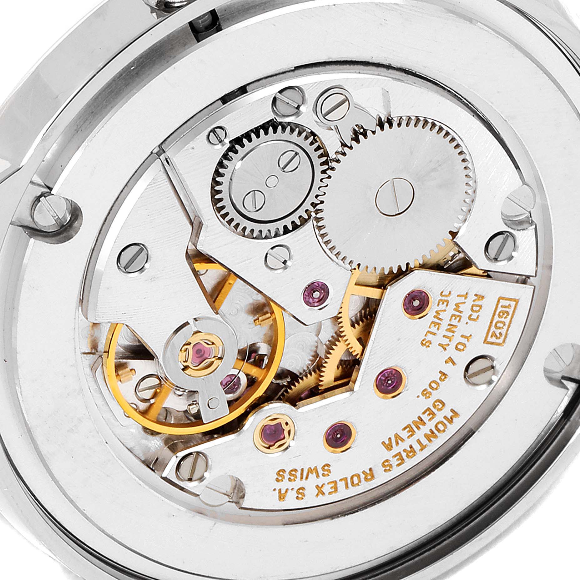 The image shows the intricate internal mechanism of a Rolex Cellini 5116 Men's White Gold Grey Dial 5116 Men's White Gold Grey Dial watch from a top-down angle.