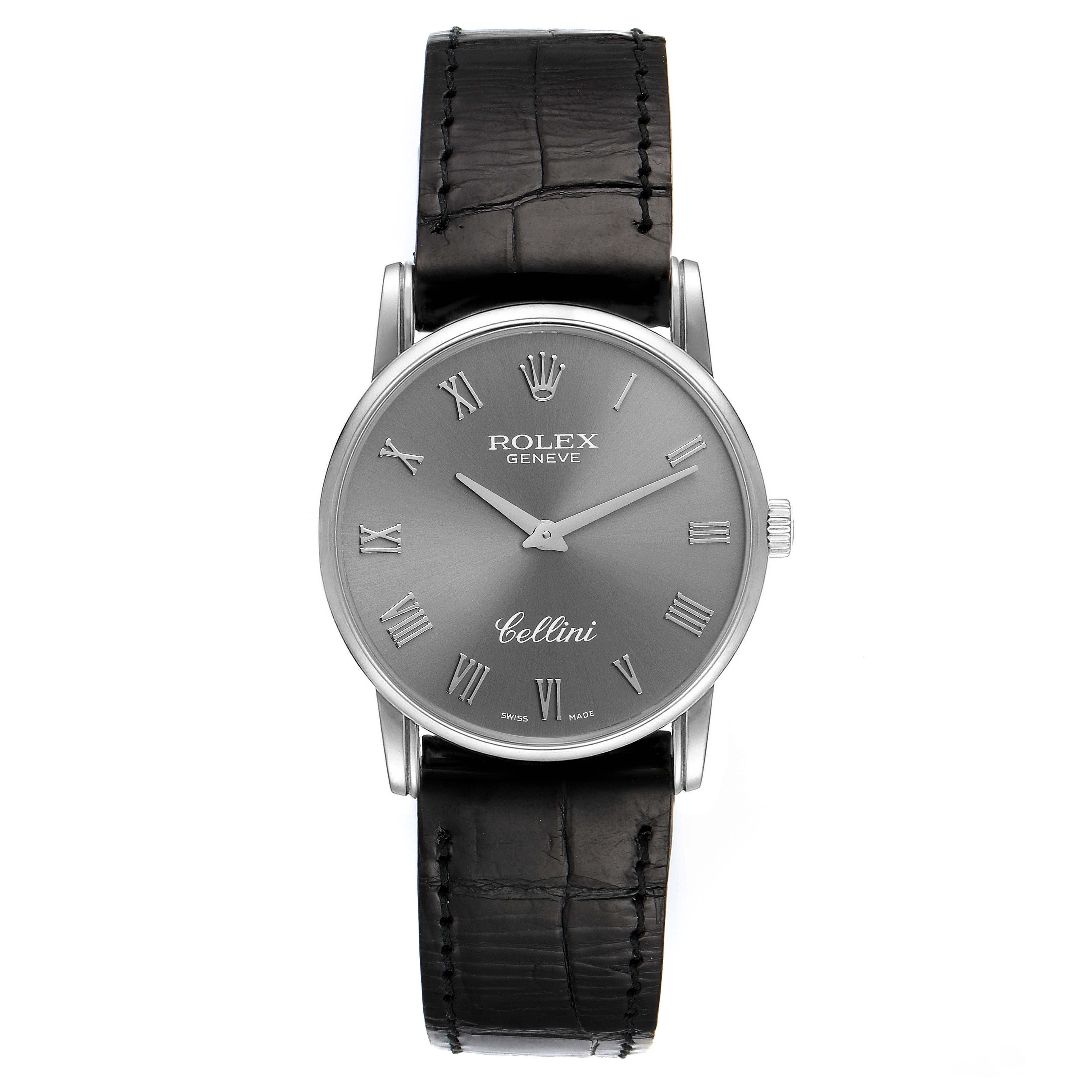 The image shows a front view of a Rolex Cellini 5116 Men's White Gold Grey Dial 5116 Men's White Gold Grey Dial watch with a black leather strap and a grey dial featuring Roman numerals.