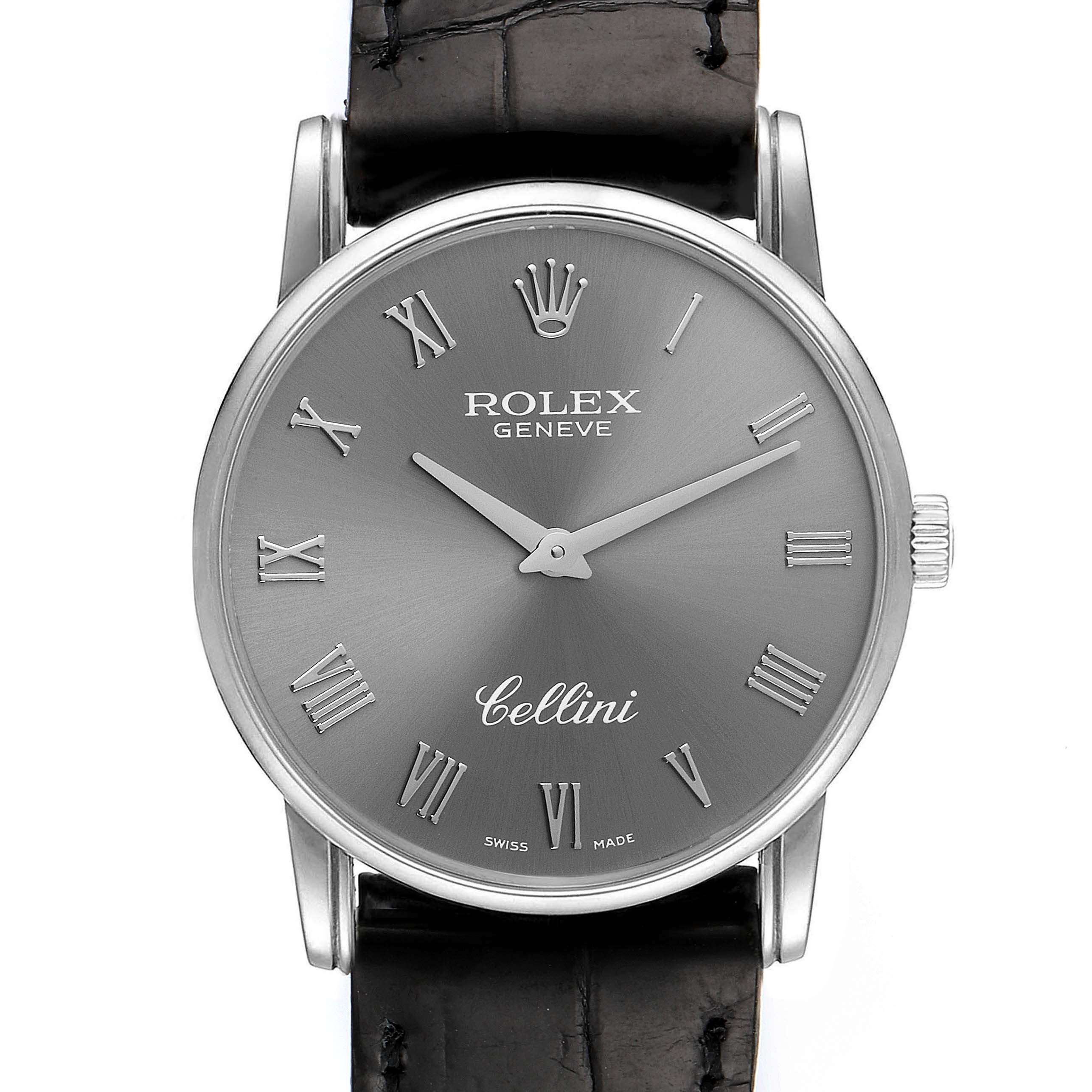 The image shows a frontal view of a Rolex Cellini 5116 Men's White Gold Grey Dial 5116 Men's White Gold Grey Dial watch, highlighting the face, Roman numerals, and part of the strap.