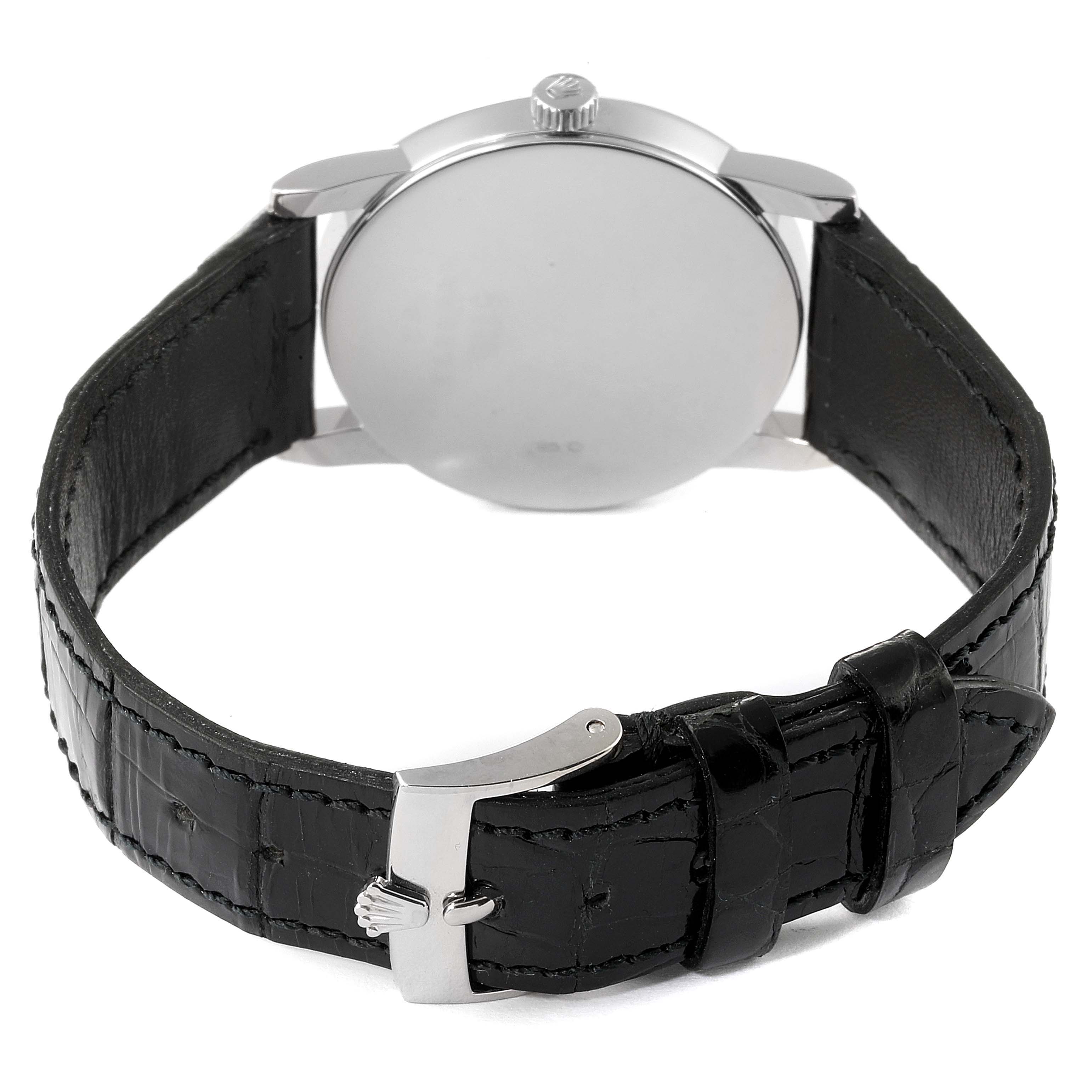 The image shows the back view of a Rolex Cellini 5116 Men's White Gold Grey Dial 5116 Men's White Gold Grey Dial watch, highlighting its leather strap and metal buckle.