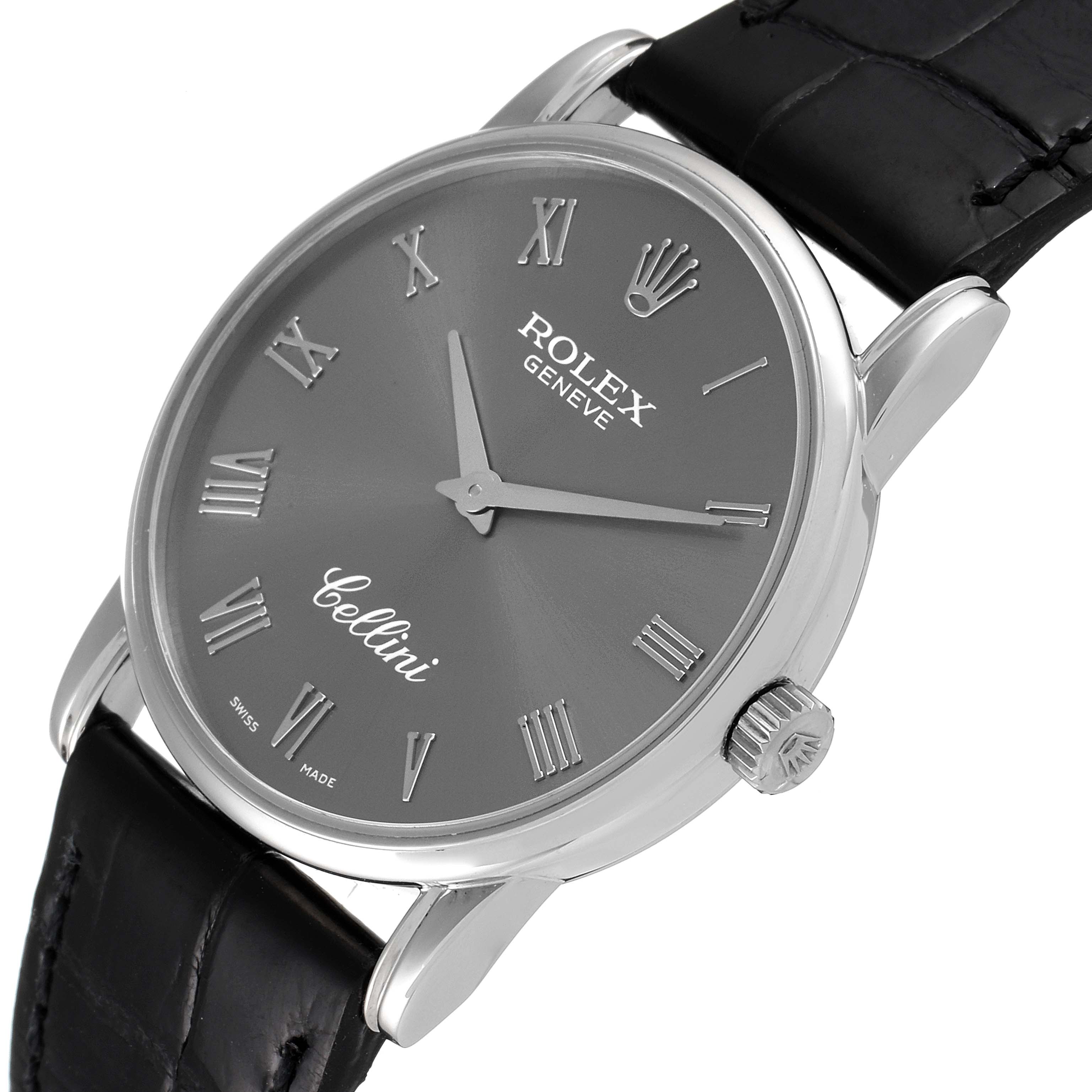 The Rolex Cellini 5116 Men's White Gold Grey Dial 5116 Men's White Gold Grey Dial watch is shown from a slight angle, displaying the face, bezel, crown, and leather strap.