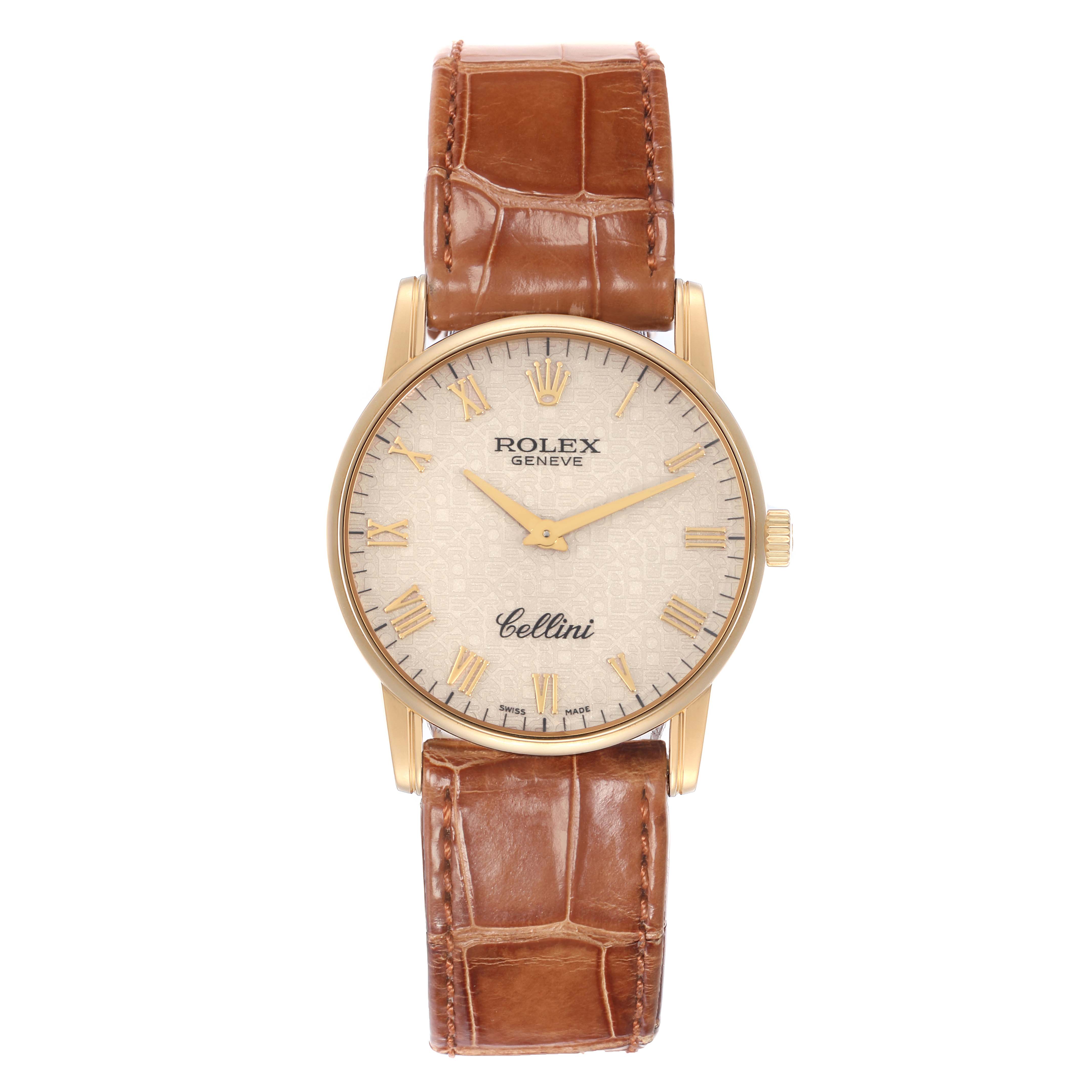 The Rolex Cellini 5116 Men
s Yellow Gold Beige Dial watch is shown from a straight-on angle, displaying the face, hands, dial, and brown leather strap.