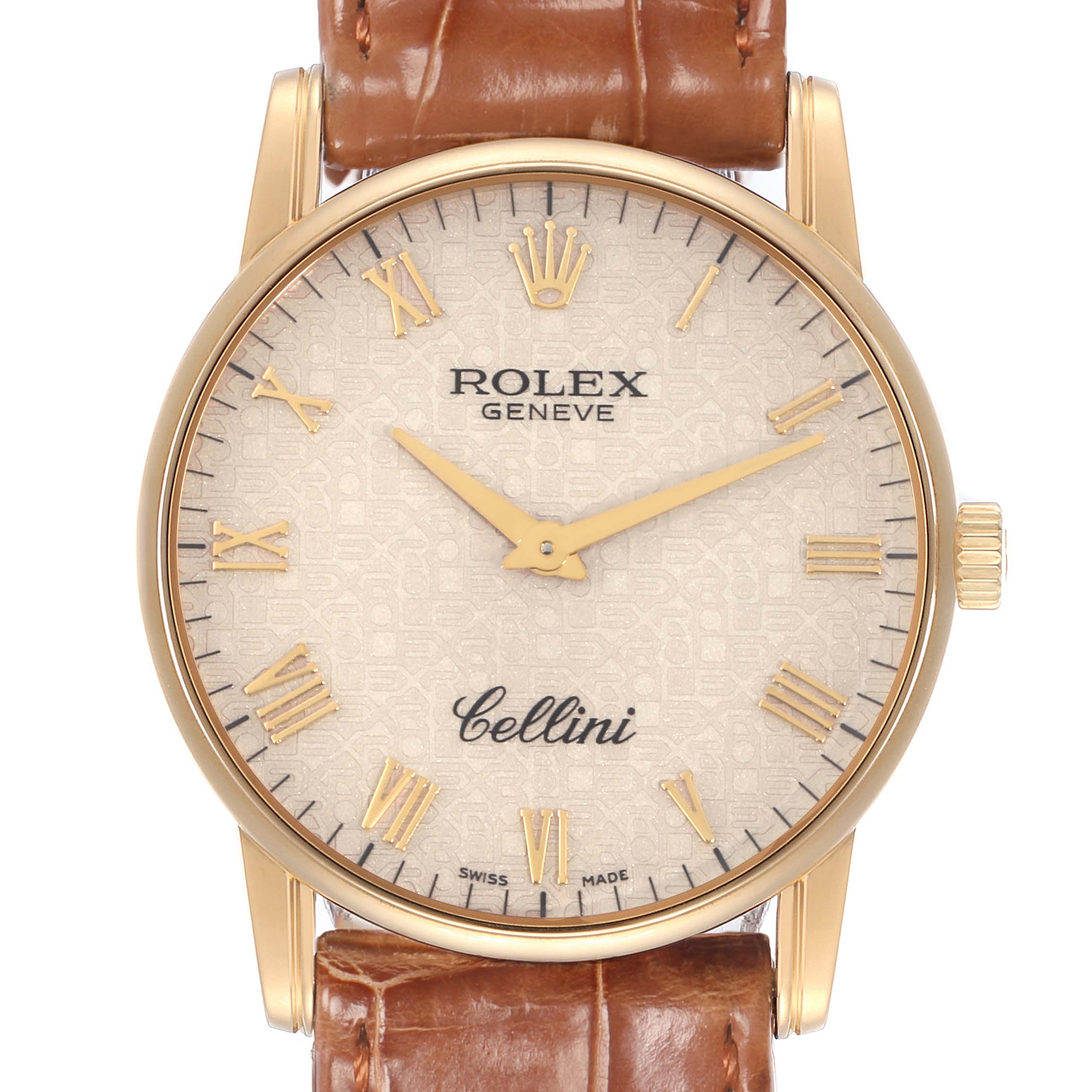 The Rolex Cellini 5116 Men
s Yellow Gold Beige Dial watch is shown from the front, displaying its face, crown, and part of the leather strap.