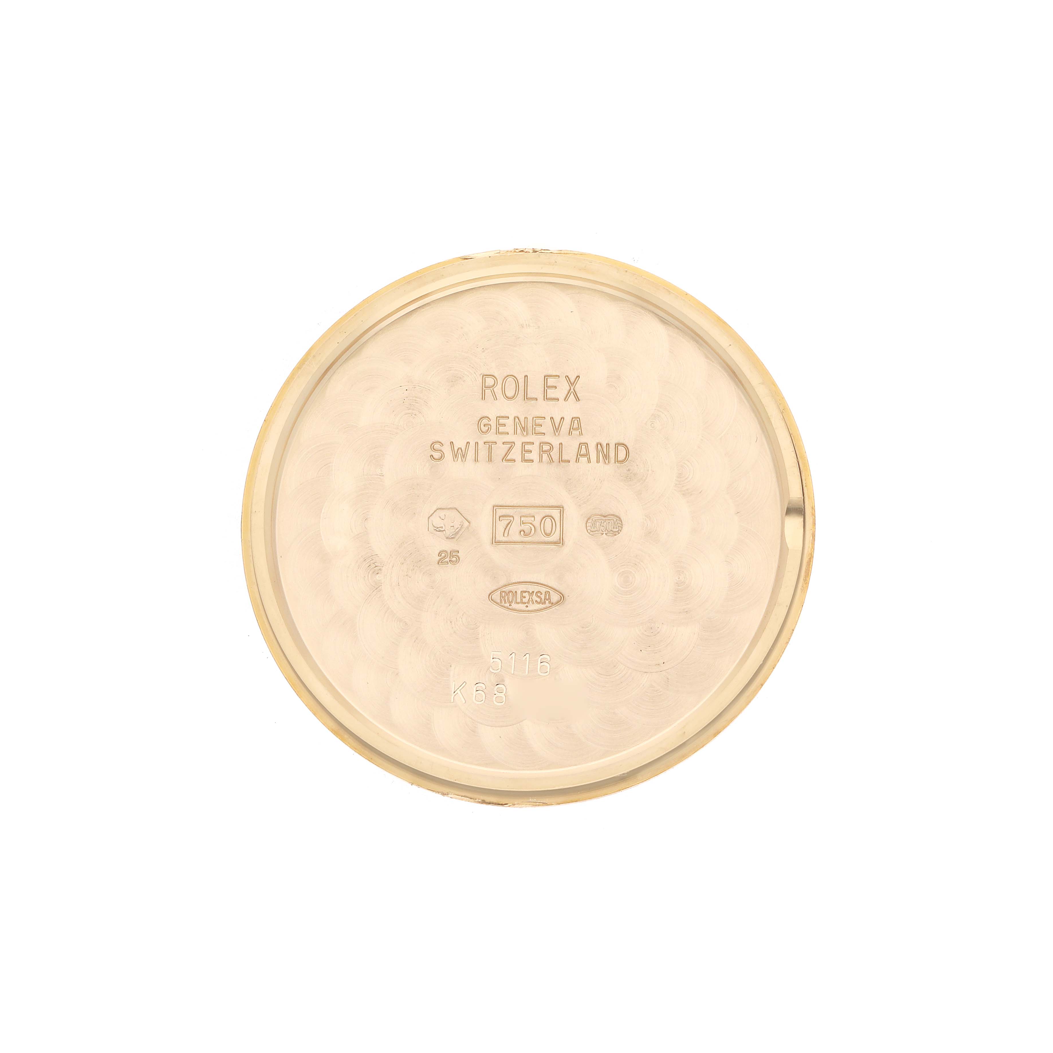 The image shows the inner case back of a Rolex Cellini 5116 Men
s Yellow Gold Beige Dial watch, displaying model and brand markings.