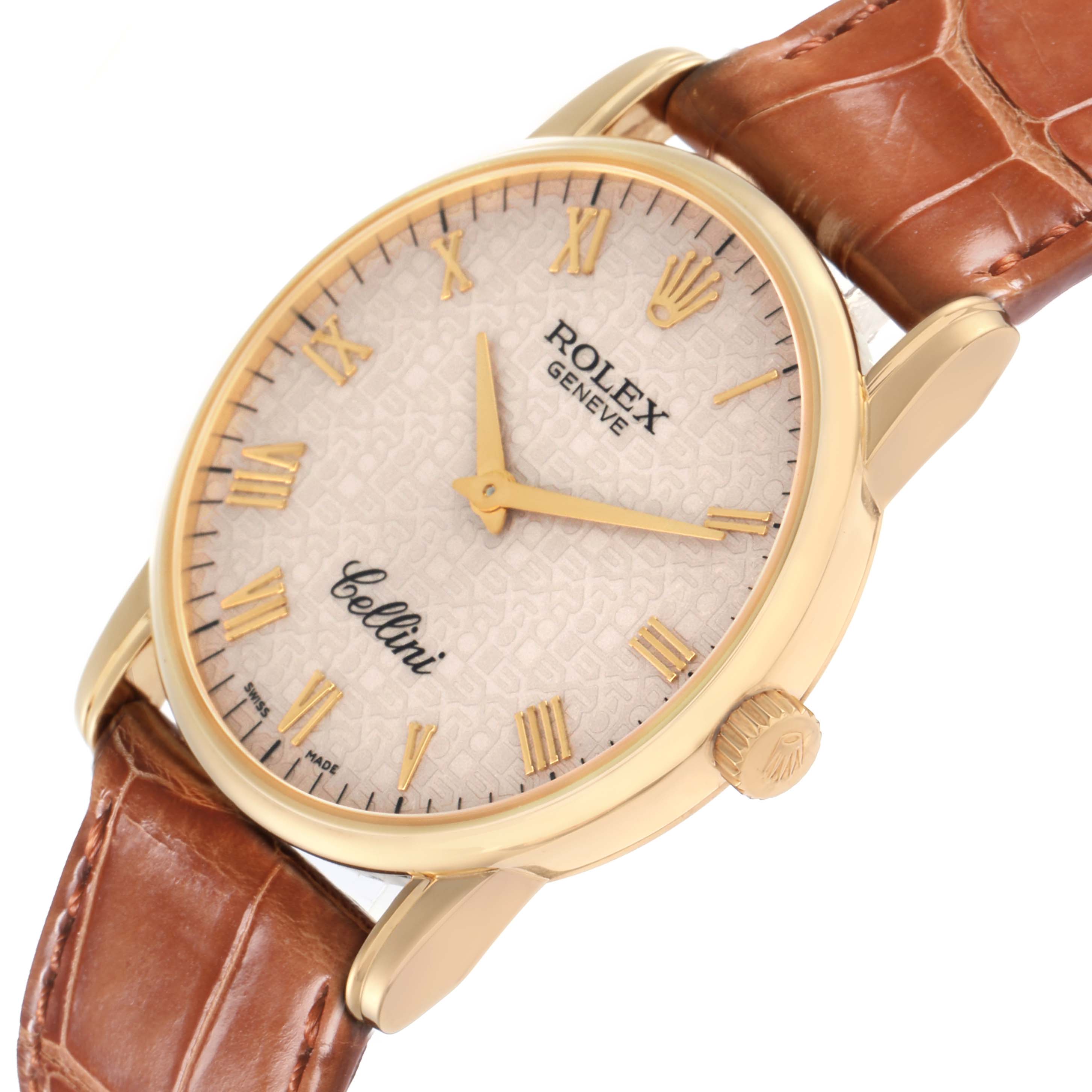 The Rolex Cellini 5116 Men
s Yellow Gold Beige Dial watch is shown from a slight side angle, highlighting the dial, crown, and brown leather strap.