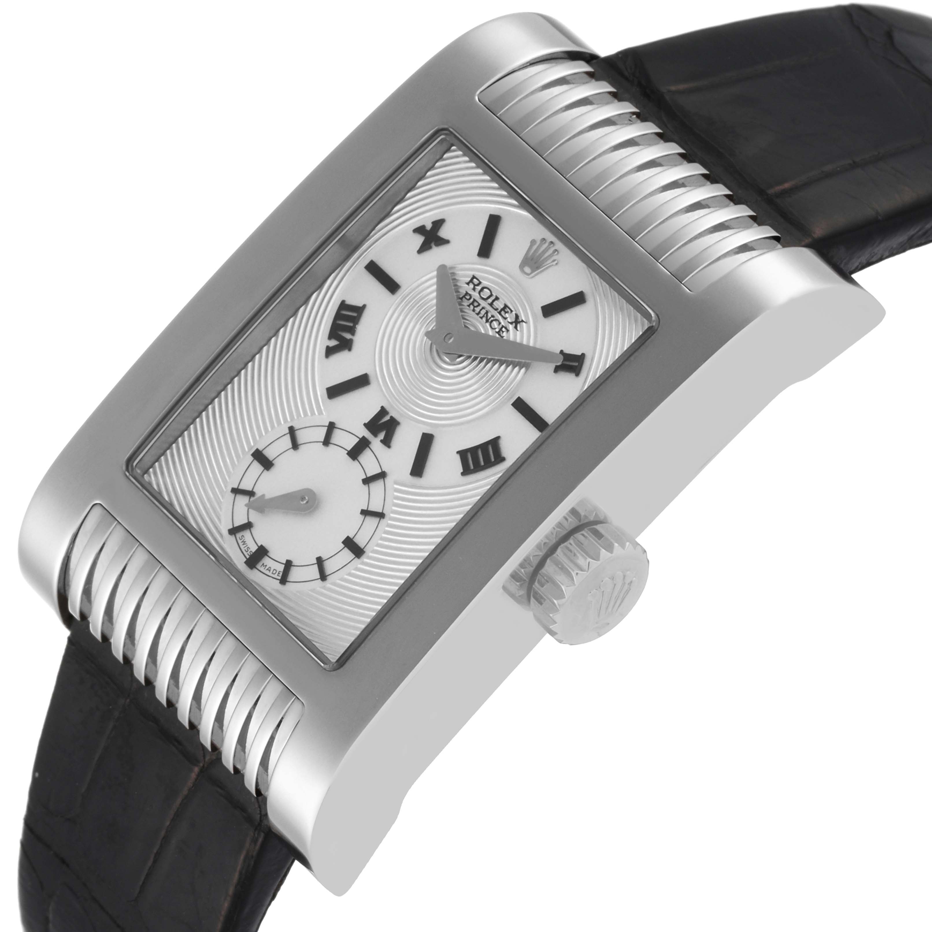 This image shows the Rolex Cellini 5441 Men's White Gold Silver Dial 5441 Men's White Gold Silver Dial watch from a high-angle perspective, highlighting the dial and side crown.