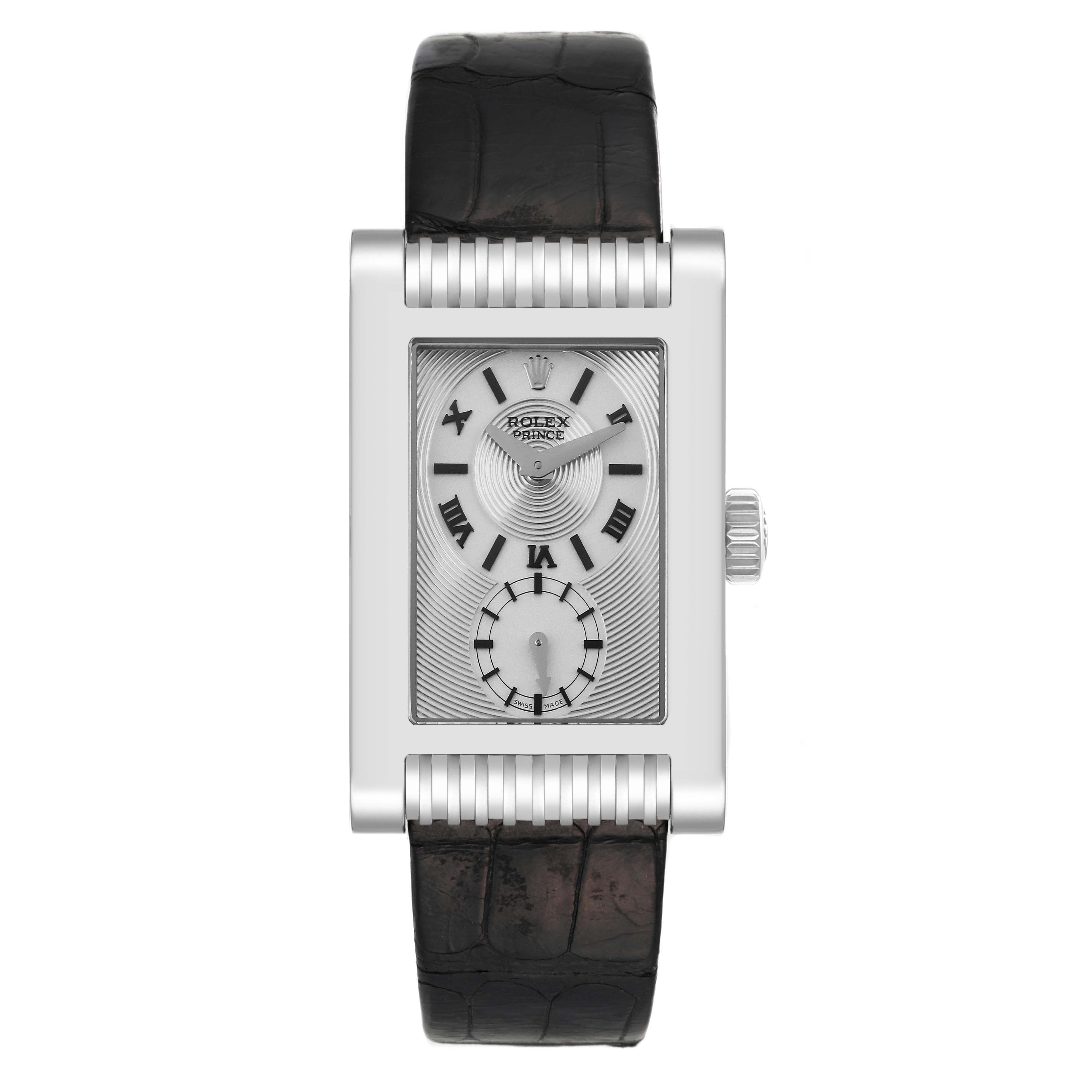 This image shows a front view of the Rolex Cellini 5441 Men's White Gold Silver Dial 5441 Men's White Gold Silver Dial with a rectangular case, black strap, and crown on the right side.