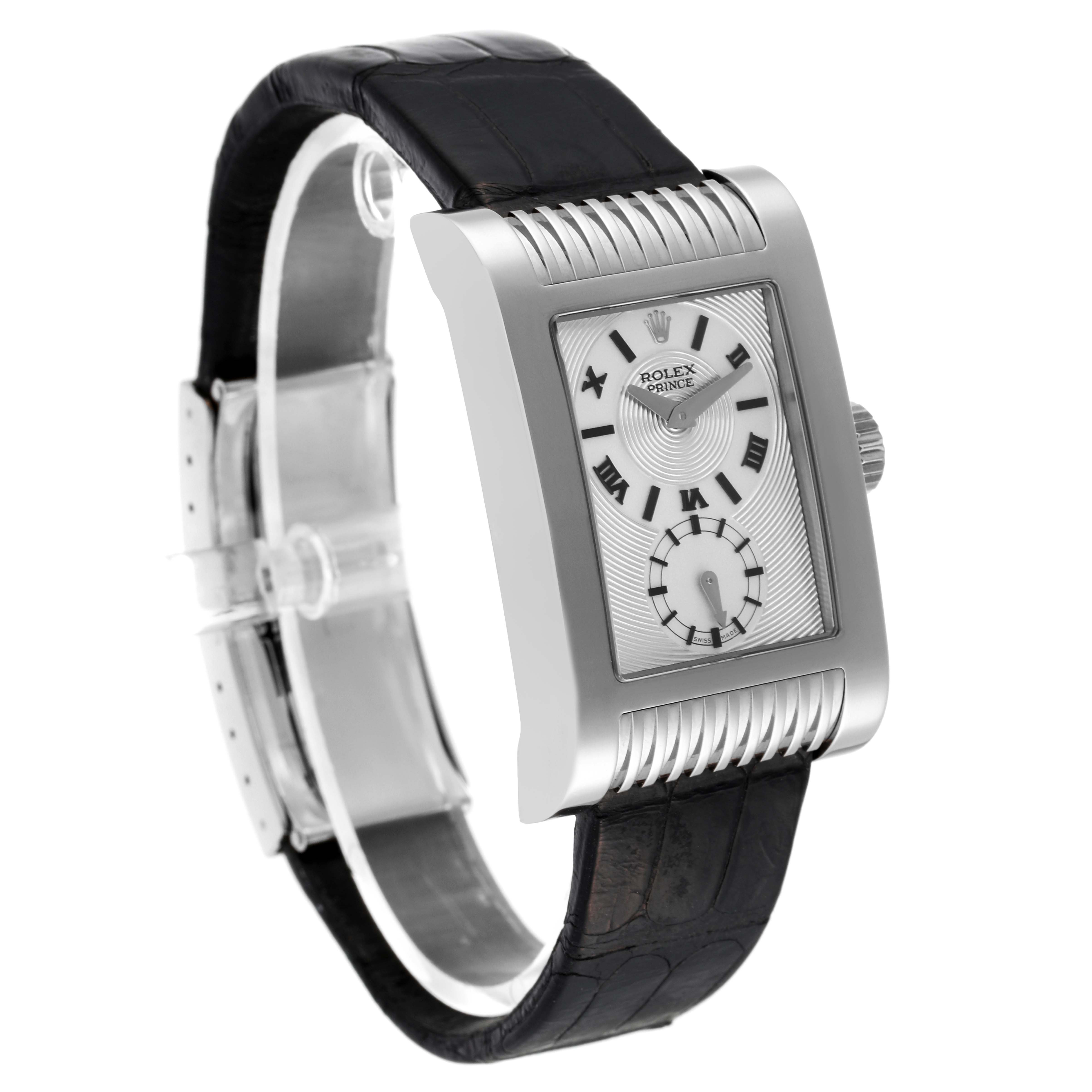 This image shows a side angle of a Rolex Cellini 5441 Men's White Gold Silver Dial 5441 Men's White Gold Silver Dial Prince watch, highlighting its rectangular dial, leather strap, and crown.