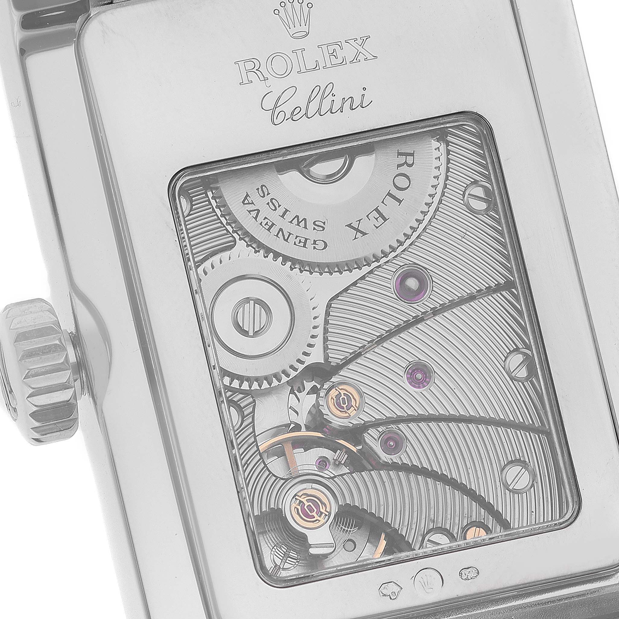 This image shows the back of a Rolex Cellini 5441 Men's White Gold Silver Dial 5441 Men's White Gold Silver Dial watch, displaying its mechanical movement and intricate internal gears.