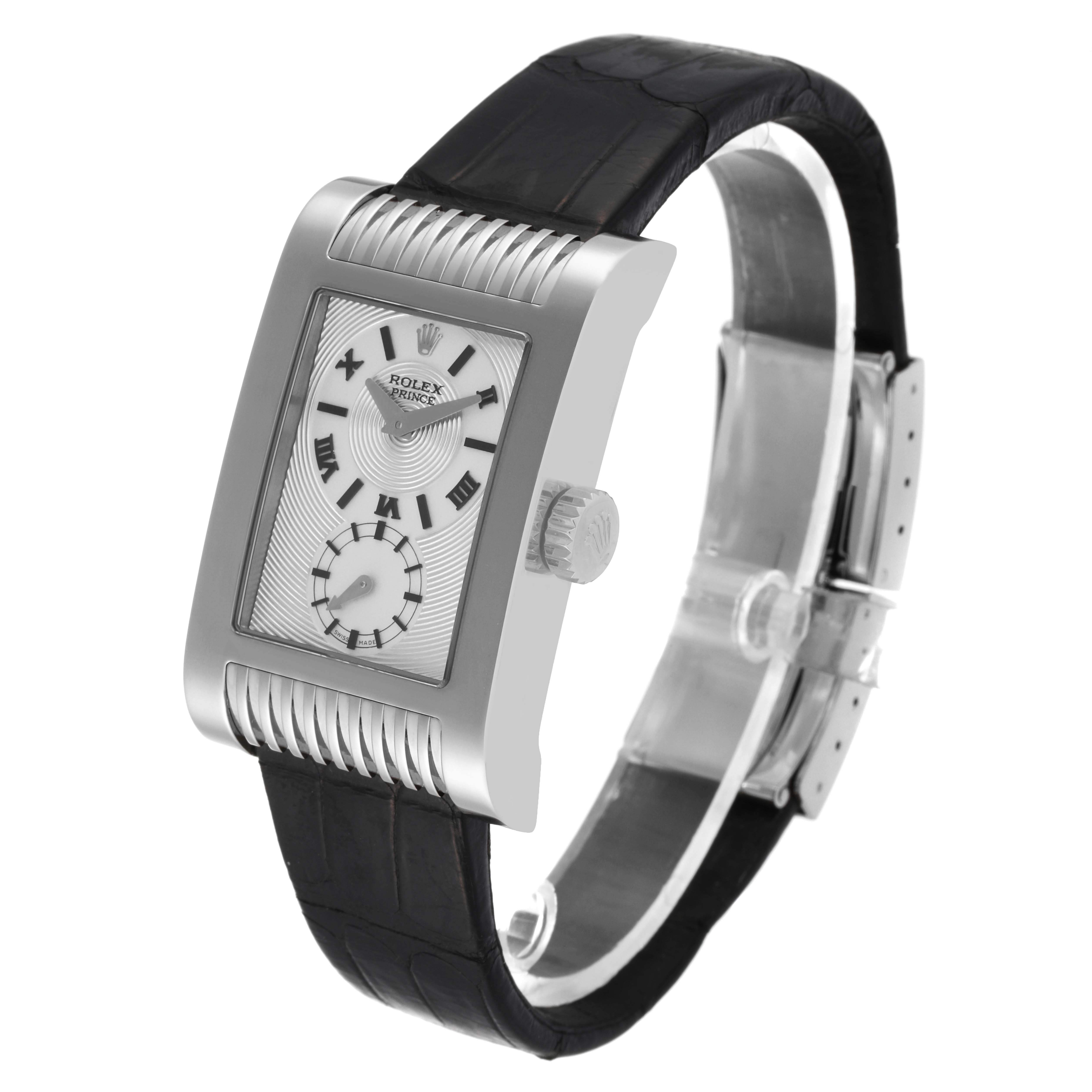 The image shows a front-angle view of a Rolex Cellini 5441 Men's White Gold Silver Dial 5441 Men's White Gold Silver Dial watch displaying its rectangular face, Roman numerals, and black leather strap.