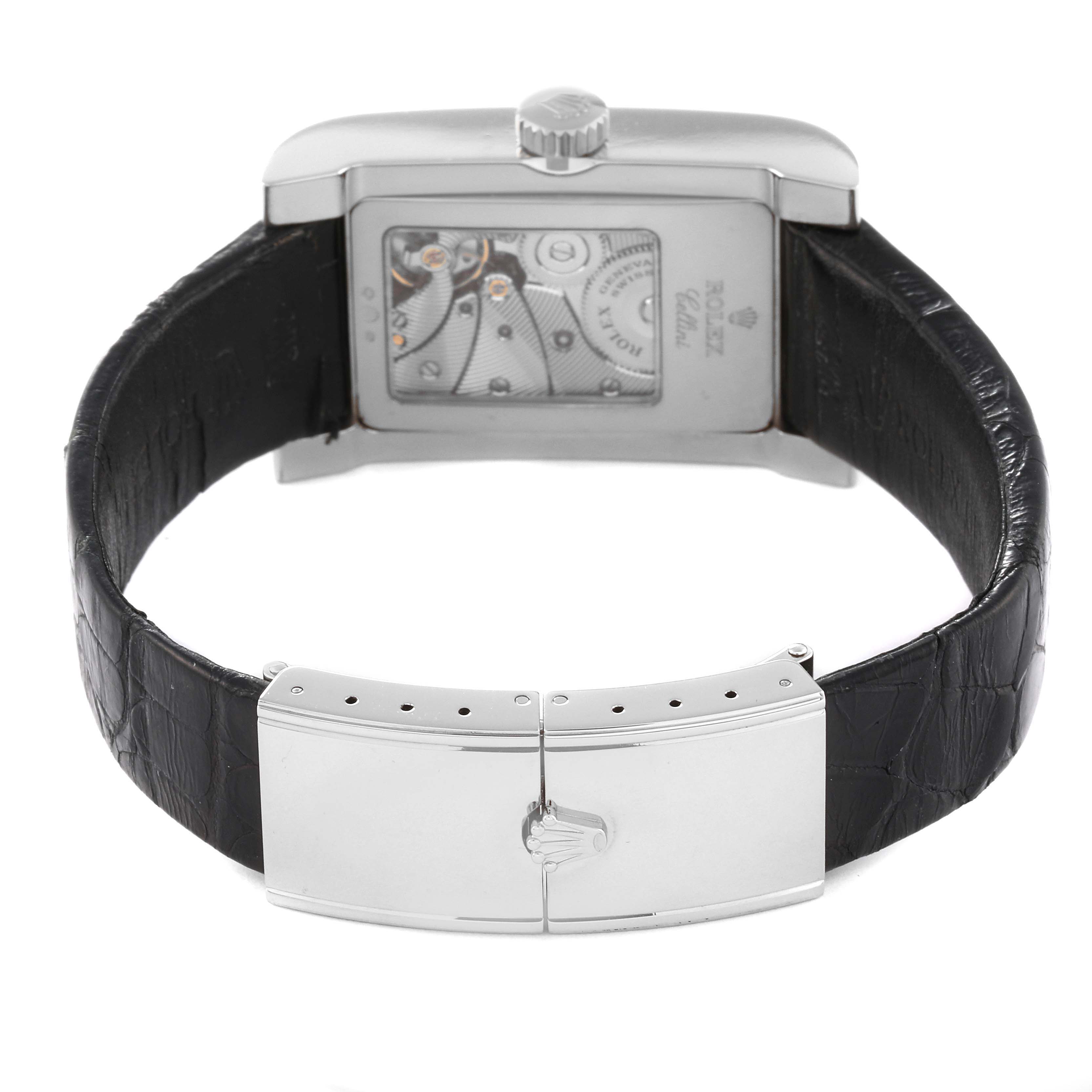 The image shows a rear angle of the Rolex Cellini 5441 Men's White Gold Silver Dial 5441 Men's White Gold Silver Dial watch, highlighting the open case back and black leather strap with the clasp.