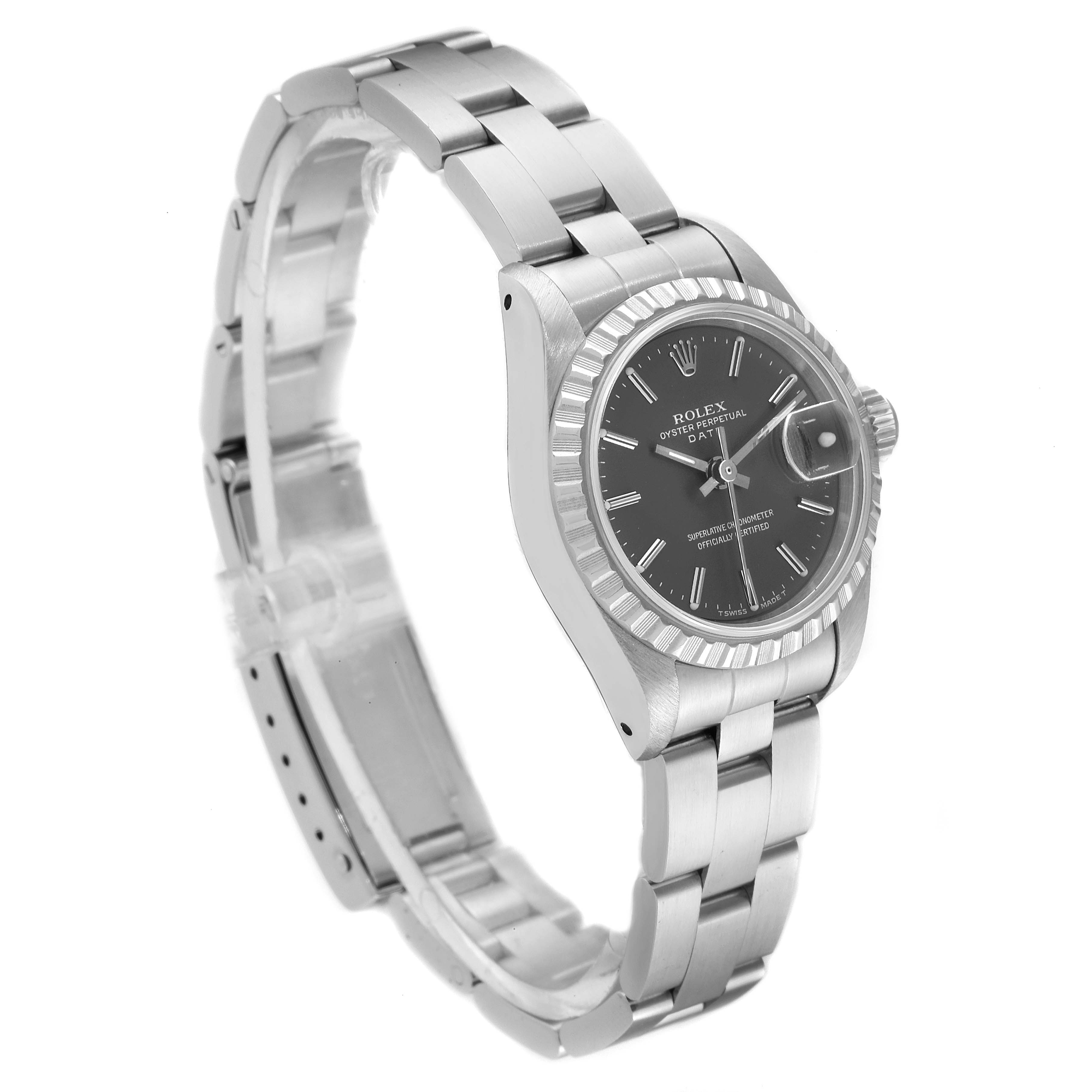 The Rolex Date 69240 Women's Stainless Steel Grey Dial 69240 Women's Stainless Steel Grey Dial model watch is shown at a slight angle, displaying the bracelet, case, bezel, and dial with a cyclops lens over the date.