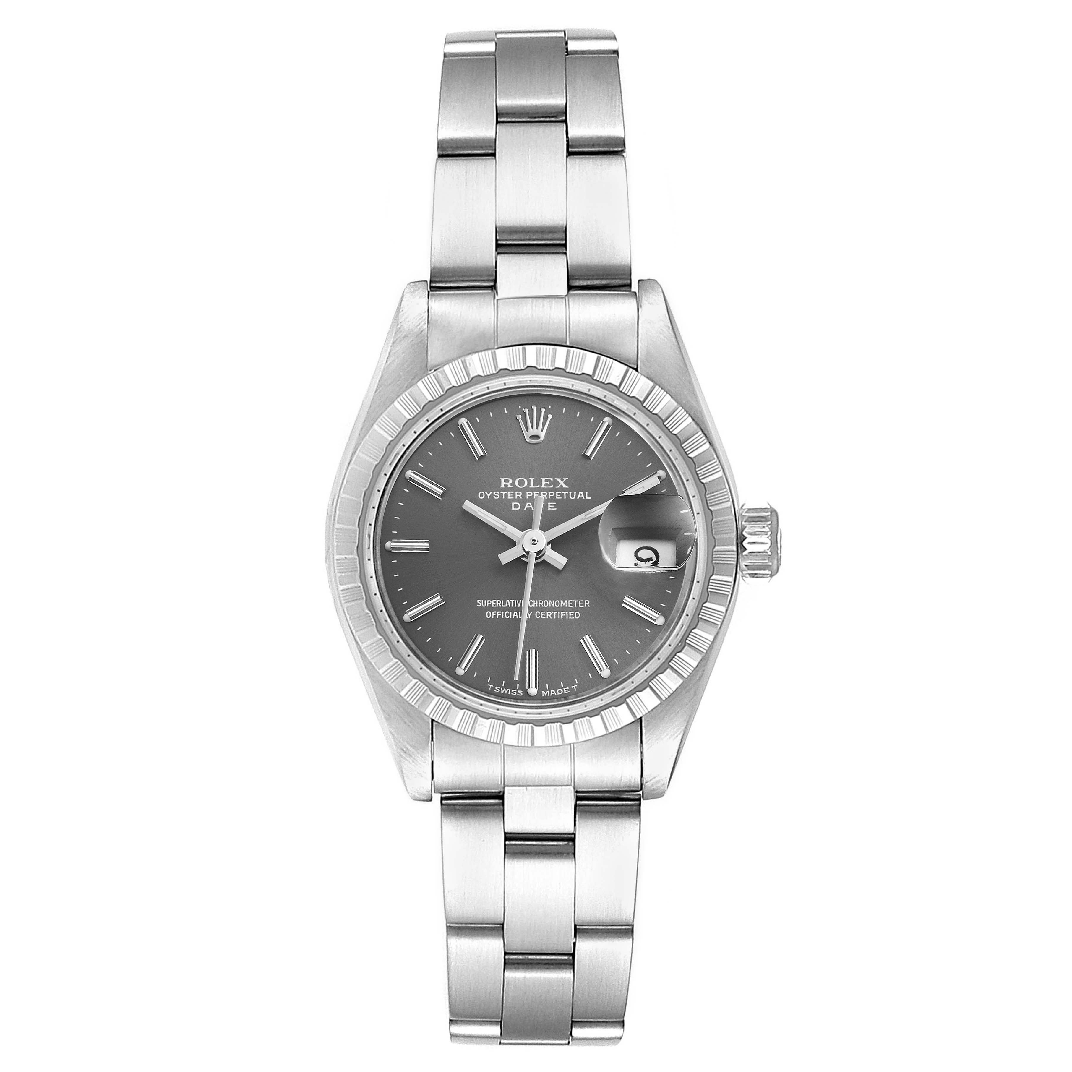 This image shows a front view of a Rolex Date 69240 Women's Stainless Steel Grey Dial 69240 Women's Stainless Steel Grey Dial model watch, displaying the dial, bezel, case, and bracelet.
