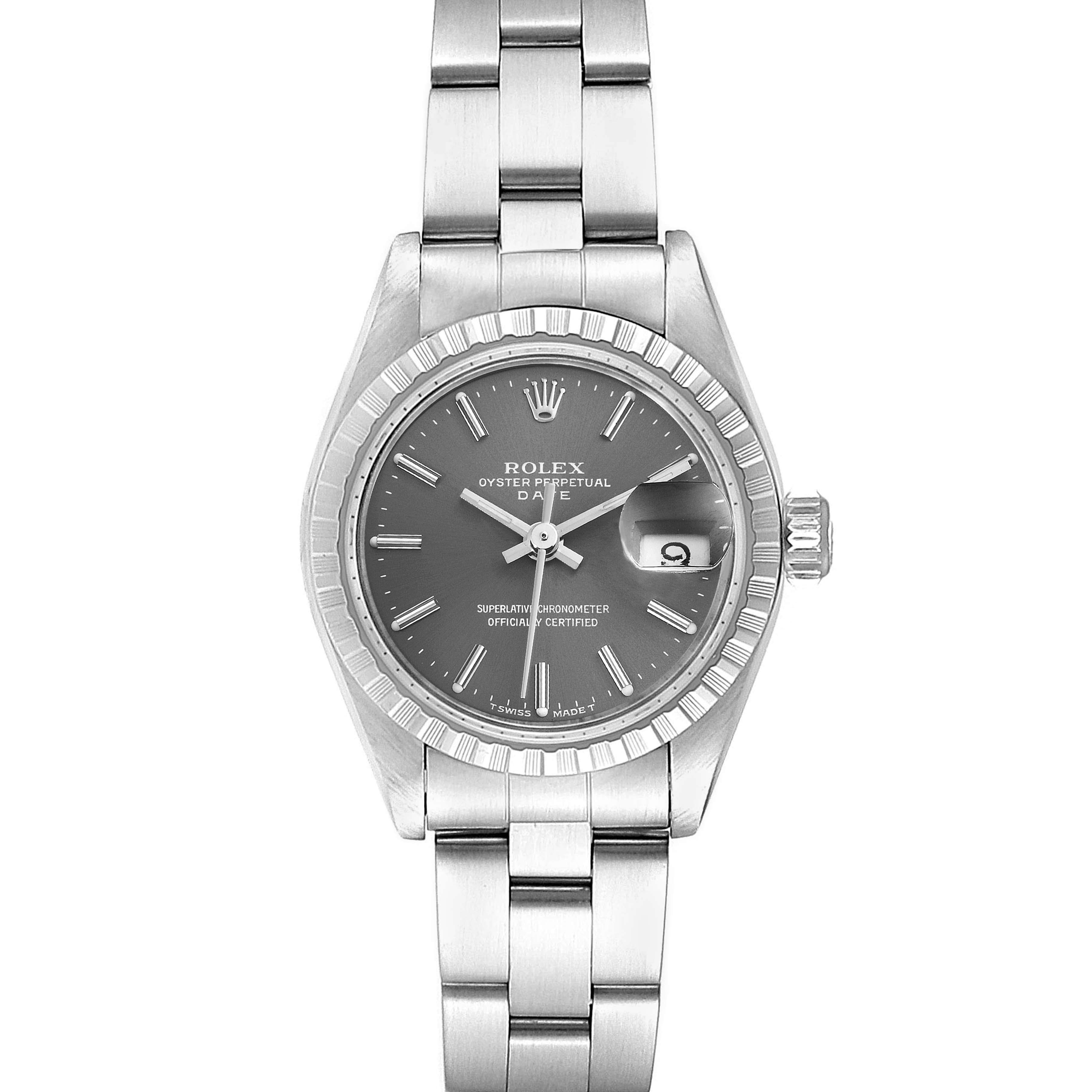 The image shows a front view of a Rolex Date 69240 Women's Stainless Steel Grey Dial 69240 Women's Stainless Steel Grey Dial model watch, displaying the dial, bezel, hands, bracelet, and crown.