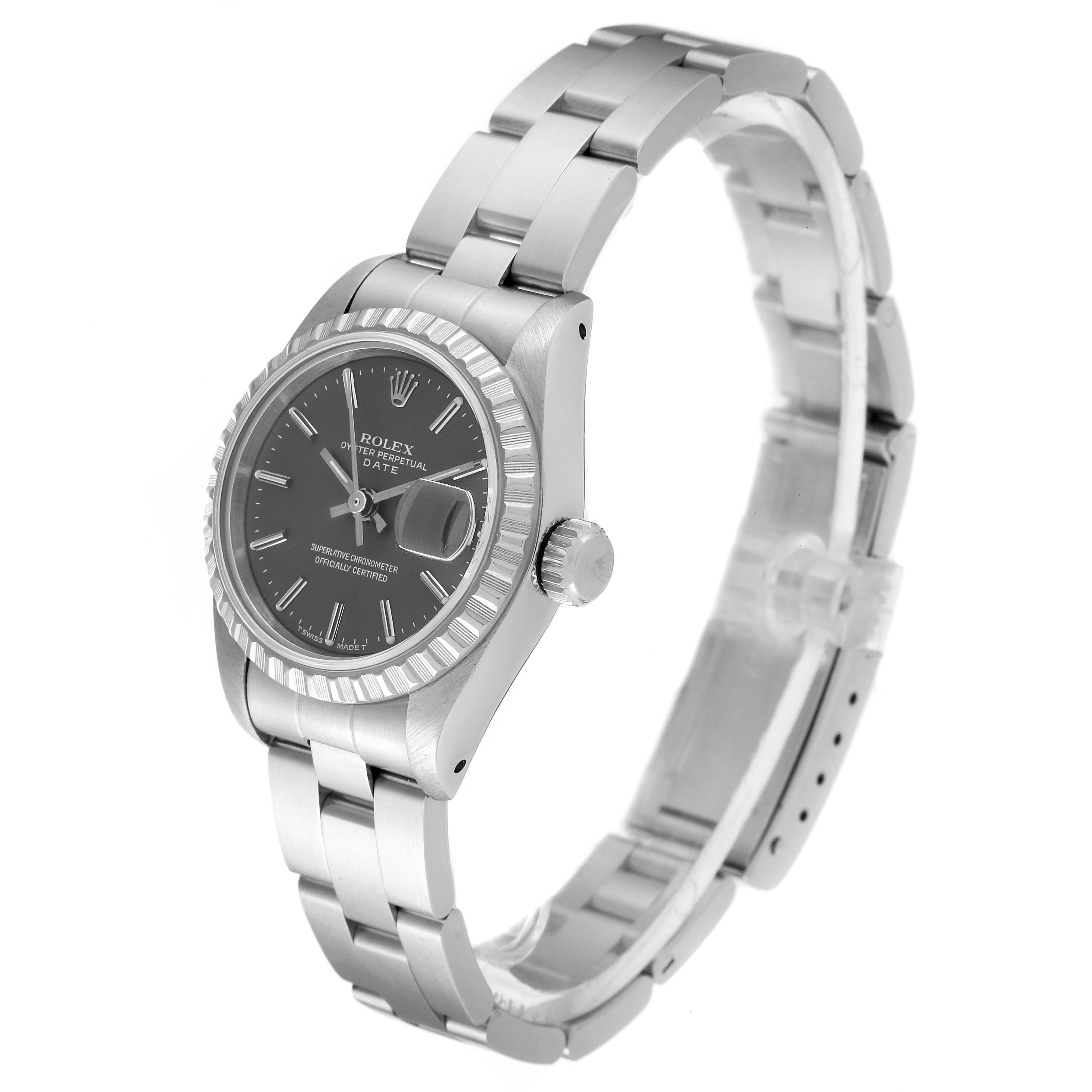 This image shows a Rolex Date 69240 Women's Stainless Steel Grey Dial 69240 Women's Stainless Steel Grey Dial model watch from a three-quarters angle, highlighting the face, bezel, and bracelet.