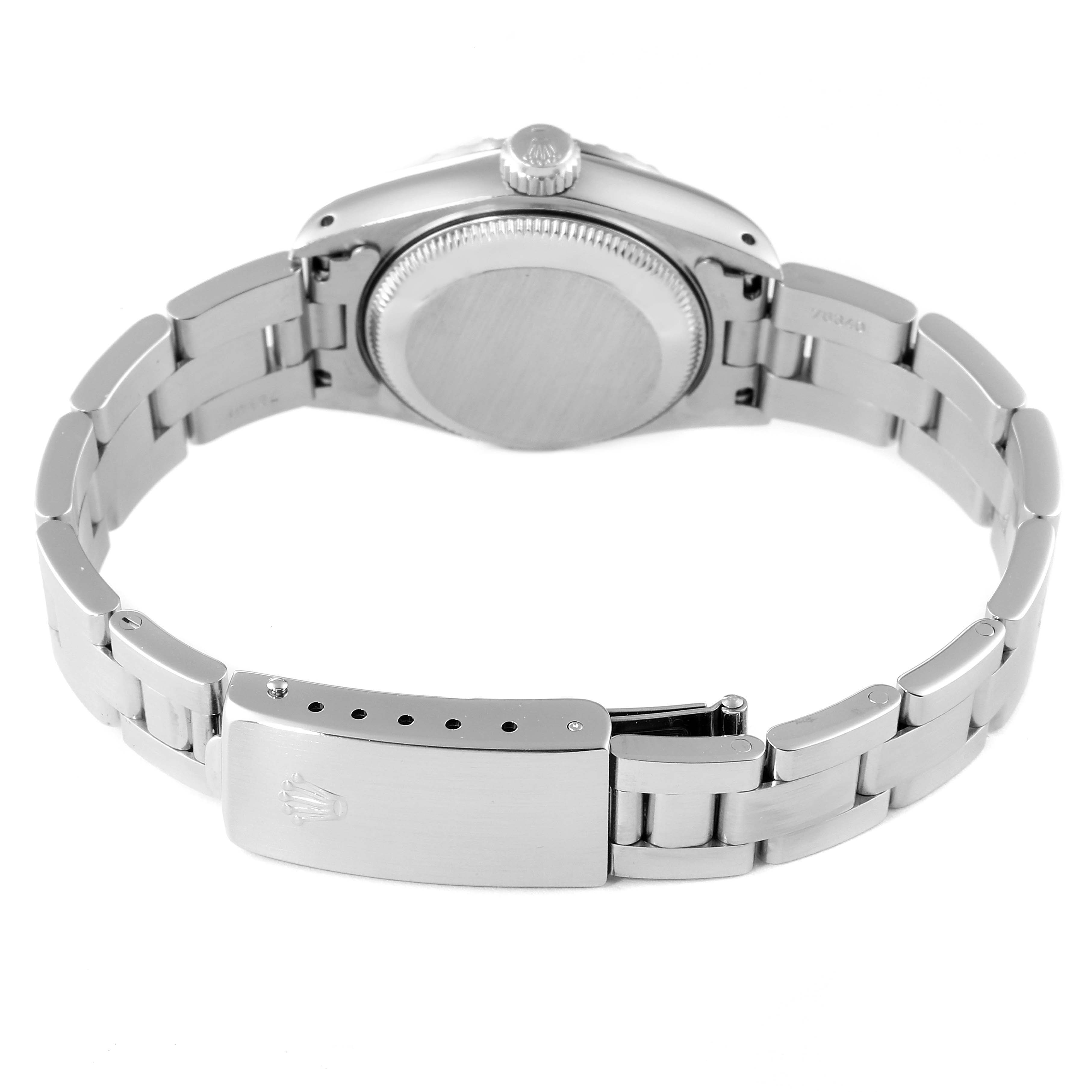 This image shows the back view of the Rolex Date 69240 Women's Stainless Steel Grey Dial 69240 Women's Stainless Steel Grey Dial model, highlighting the case back and bracelet clasp.