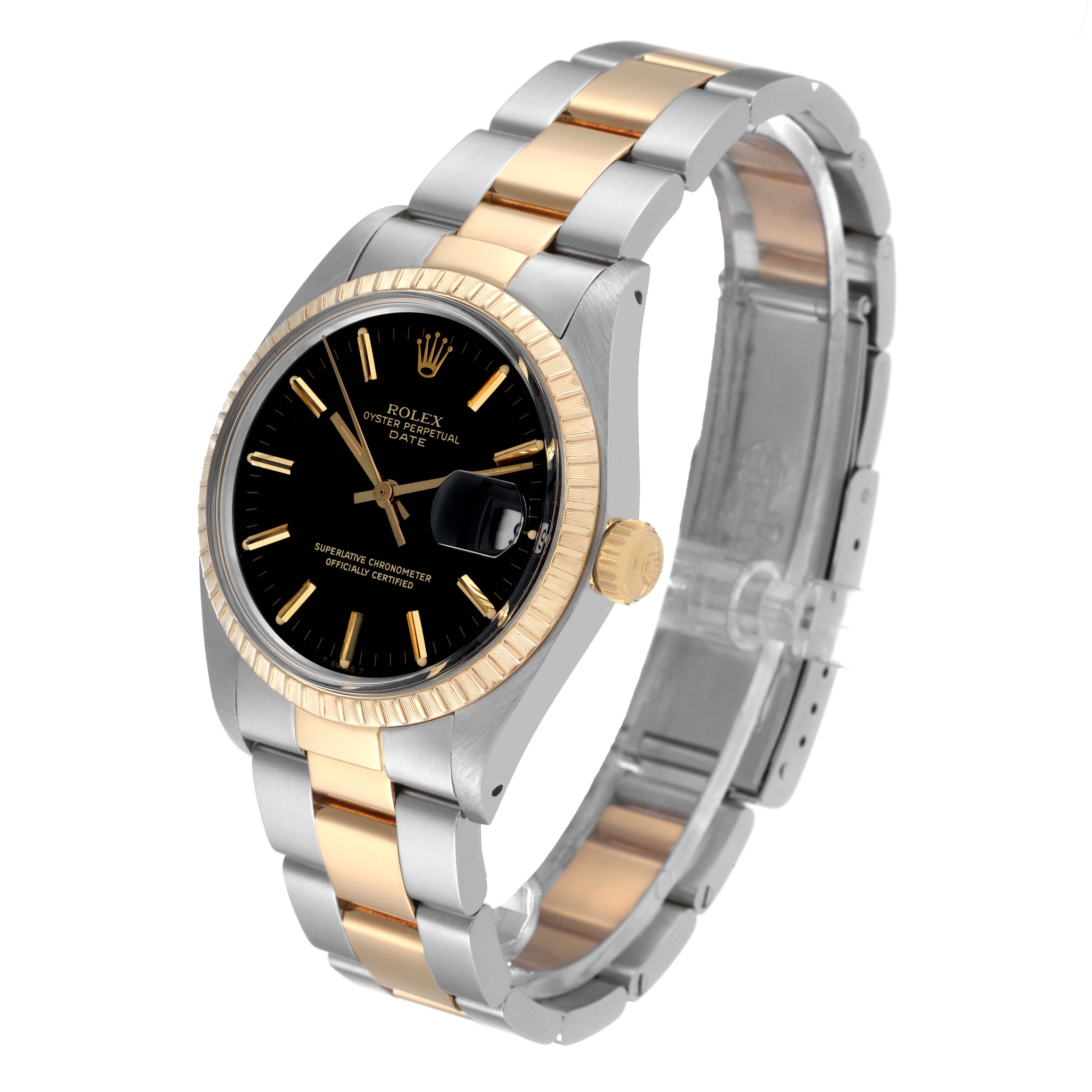 The image shows a Rolex Vintage Collection 1500 Men's Steel and Gold (two tone) Black Dial 1500 Men's Steel and Gold (two tone) Black Dial watch at a three-quarter angle, highlighting the dial, bezel, and two-tone bracelet.