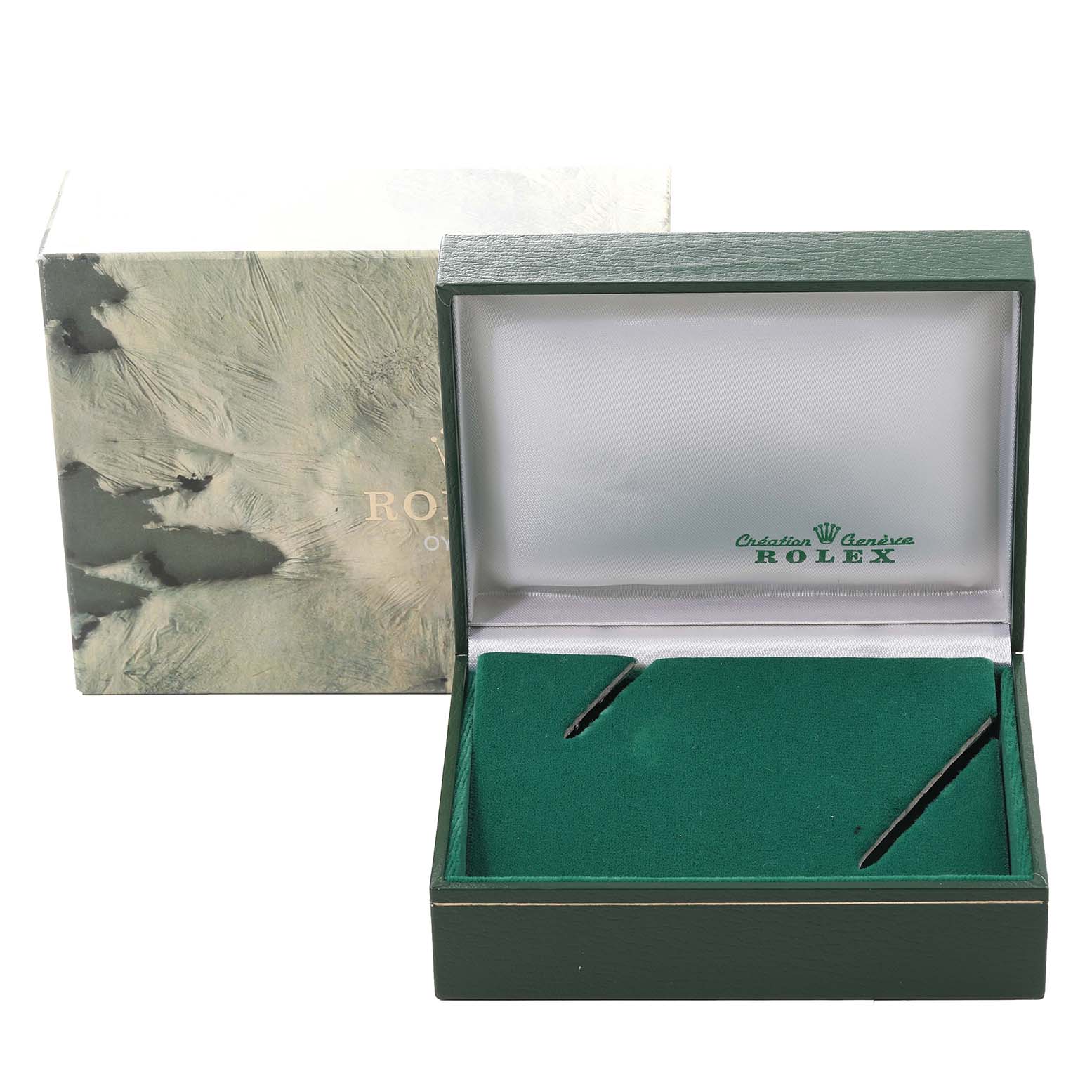 The image shows a green watch box and outer packaging for a Rolex Vintage Collection 1500 Men's Steel and Gold (two tone) Black Dial 1500 Men's Steel and Gold (two tone) Black Dial model.