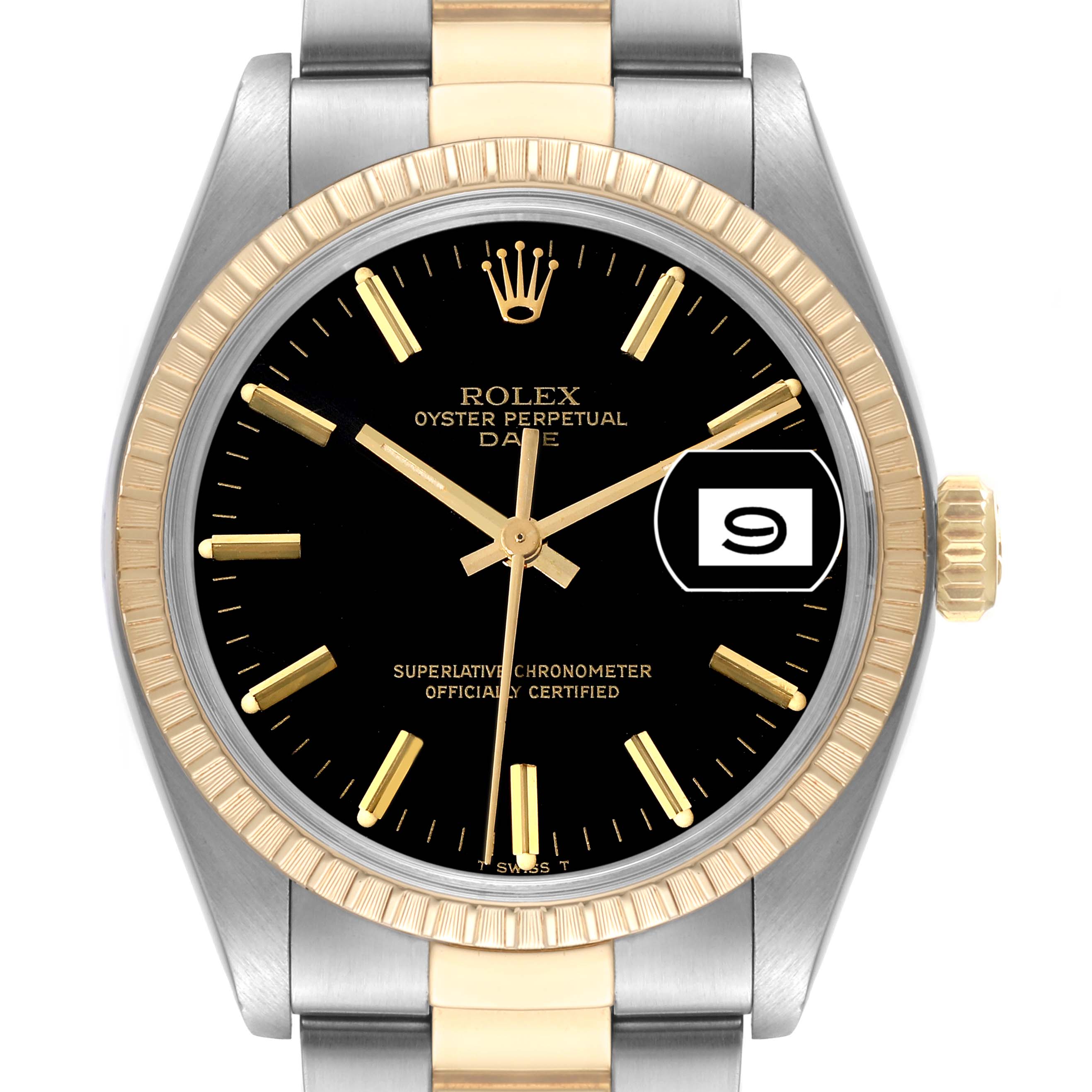 A frontal view of the Rolex Vintage Collection 1500 Men's Steel and Gold (two tone) Black Dial 1500 Men's Steel and Gold (two tone) Black Dial model watch, showcasing the black dial, gold hands and markers, fluted bezel, and date window.