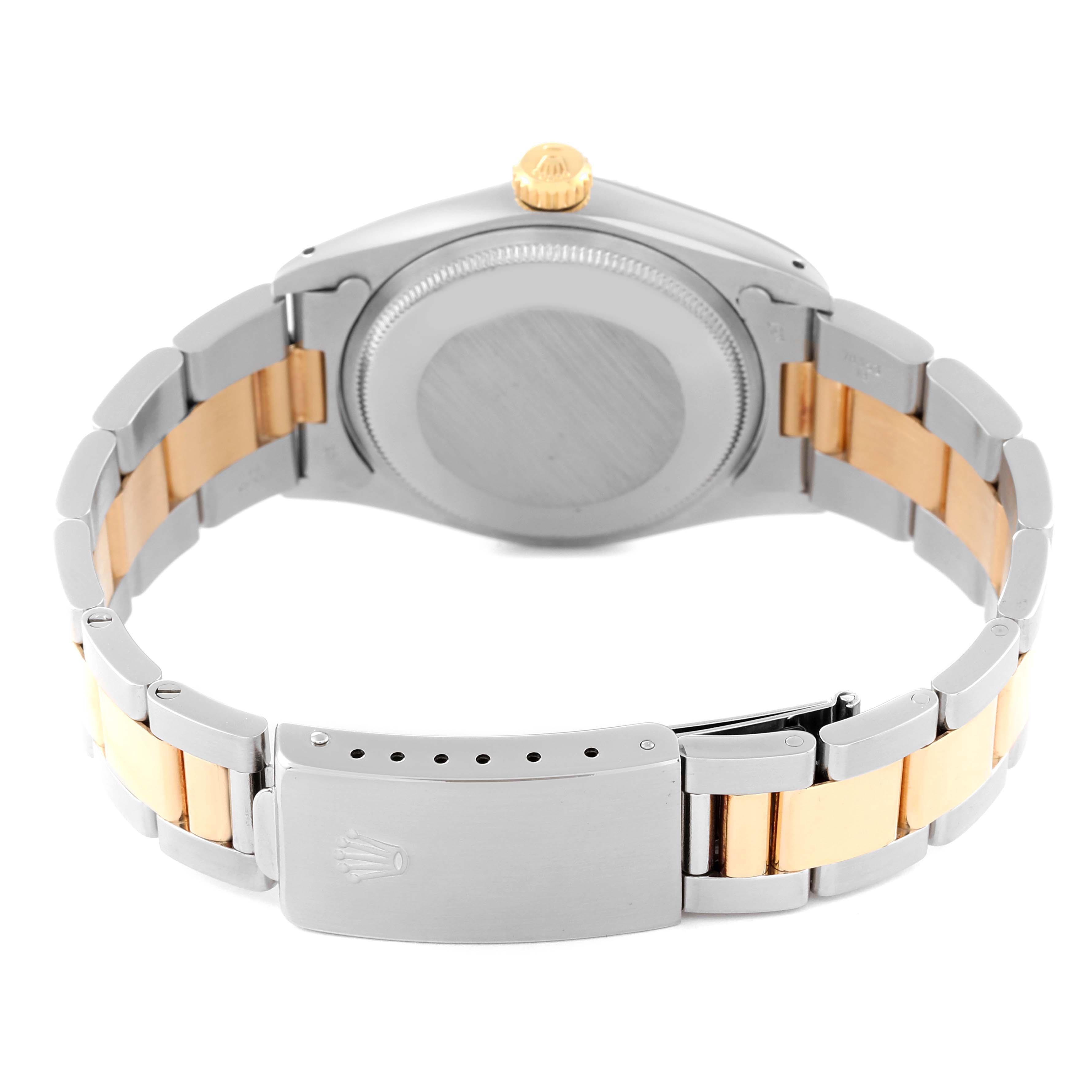 The image shows the back view of the Rolex Vintage Collection 1500 Men's Steel and Gold (two tone) Black Dial 1500 Men's Steel and Gold (two tone) Black Dial watch, highlighting the case back, crown, and two-tone bracelet.