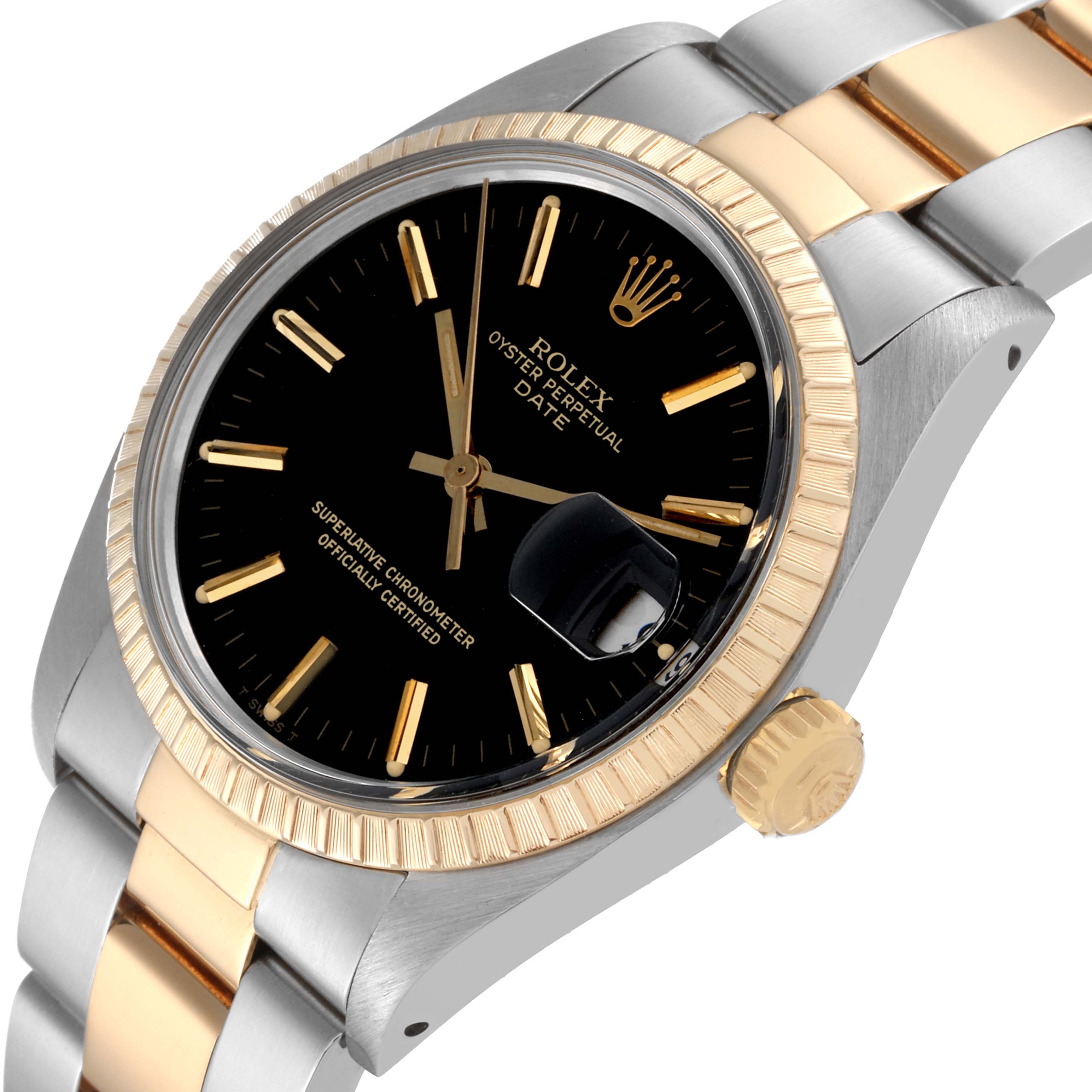 The image shows a close-up angle of the Rolex Vintage Collection 1500 Men's Steel and Gold (two tone) Black Dial 1500 Men's Steel and Gold (two tone) Black Dial watch, focusing on the dial, bezel, and part of the bracelet.