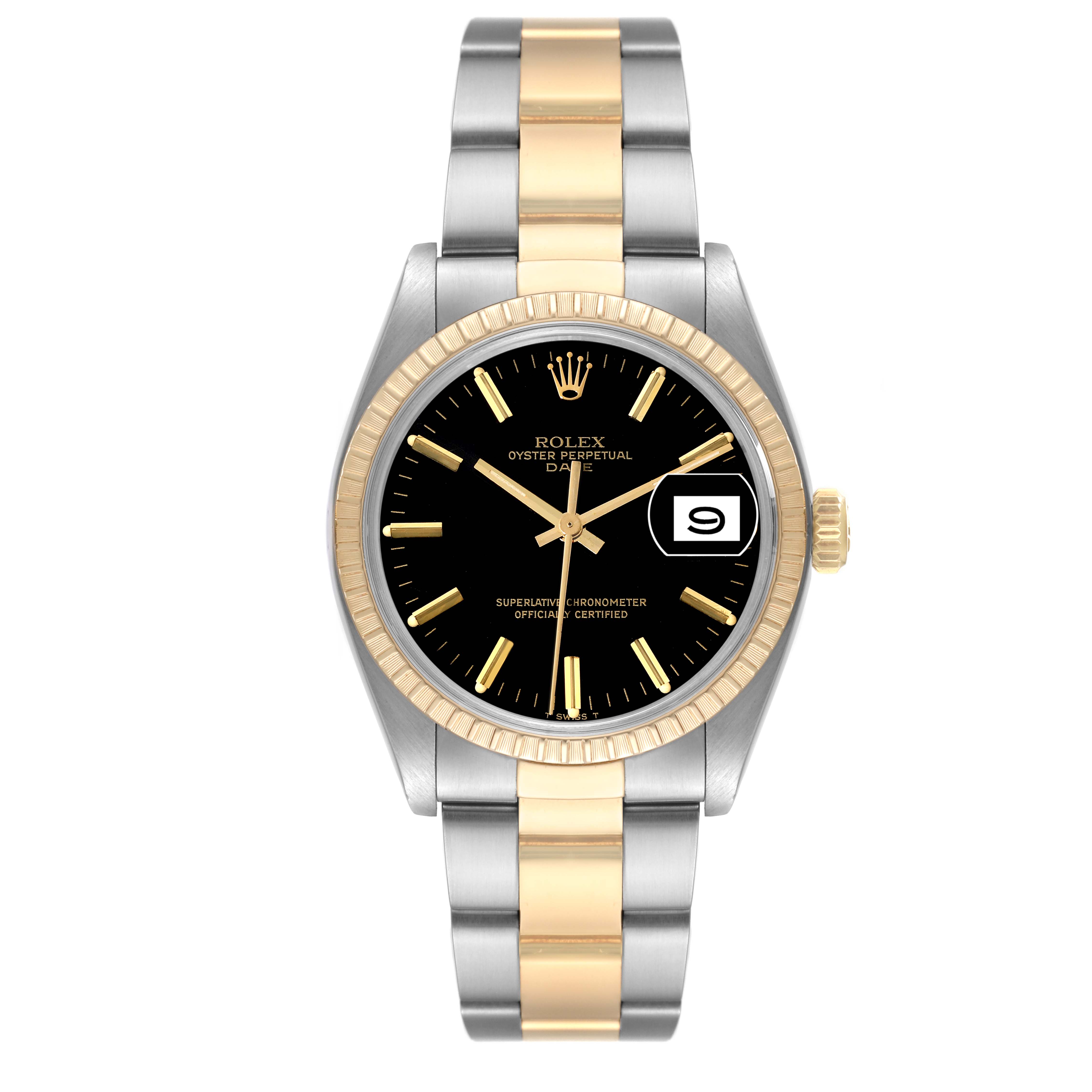The image shows a front view of the Rolex Vintage Collection 1500 Men's Steel and Gold (two tone) Black Dial 1500 Men's Steel and Gold (two tone) Black Dial Oyster Perpetual Date watch with a two-tone bracelet and black dial.