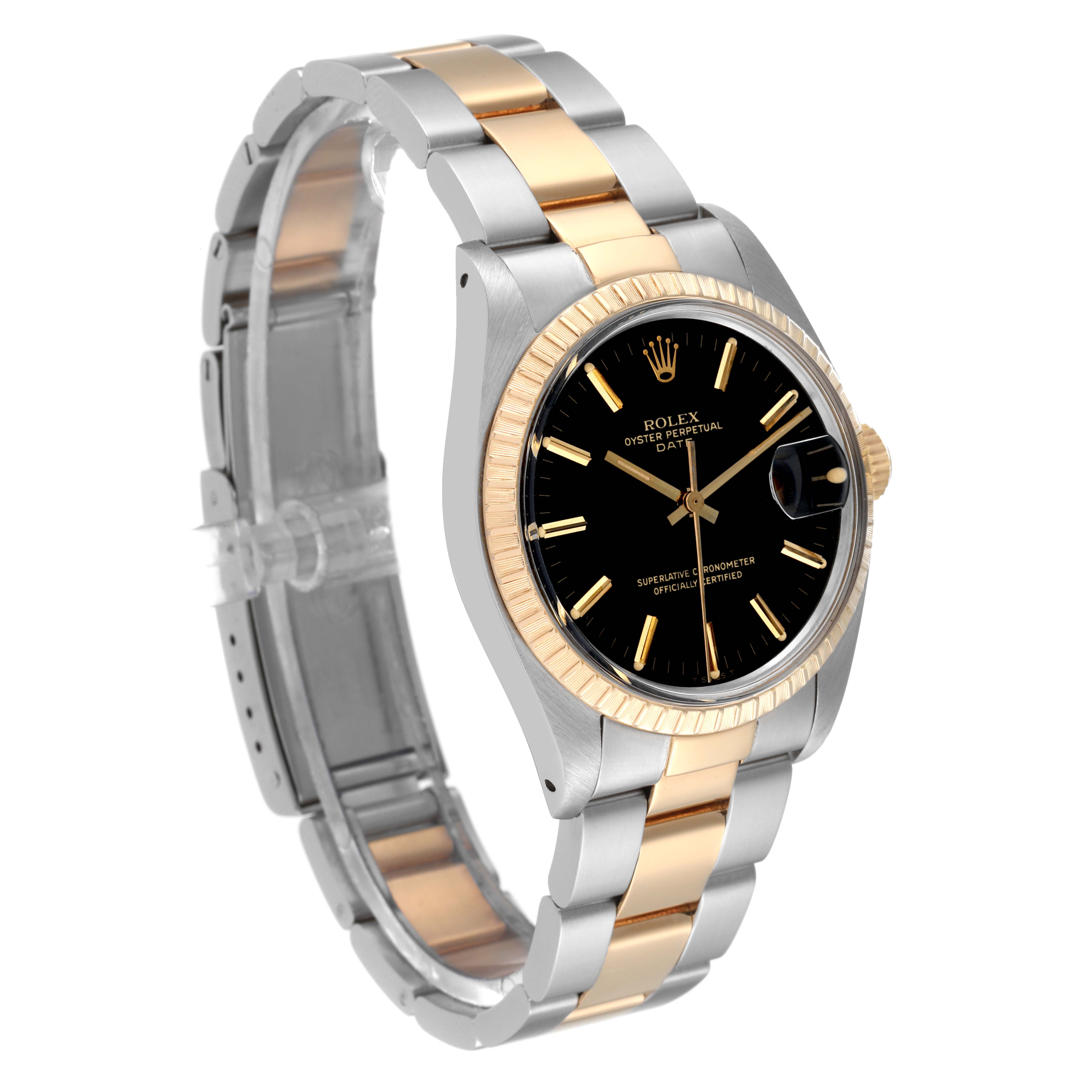This image shows a Rolex Vintage Collection 1500 Men's Steel and Gold (two tone) Black Dial 1500 Men's Steel and Gold (two tone) Black Dial watch at a slight angle, highlighting its two-tone bracelet and black dial.
