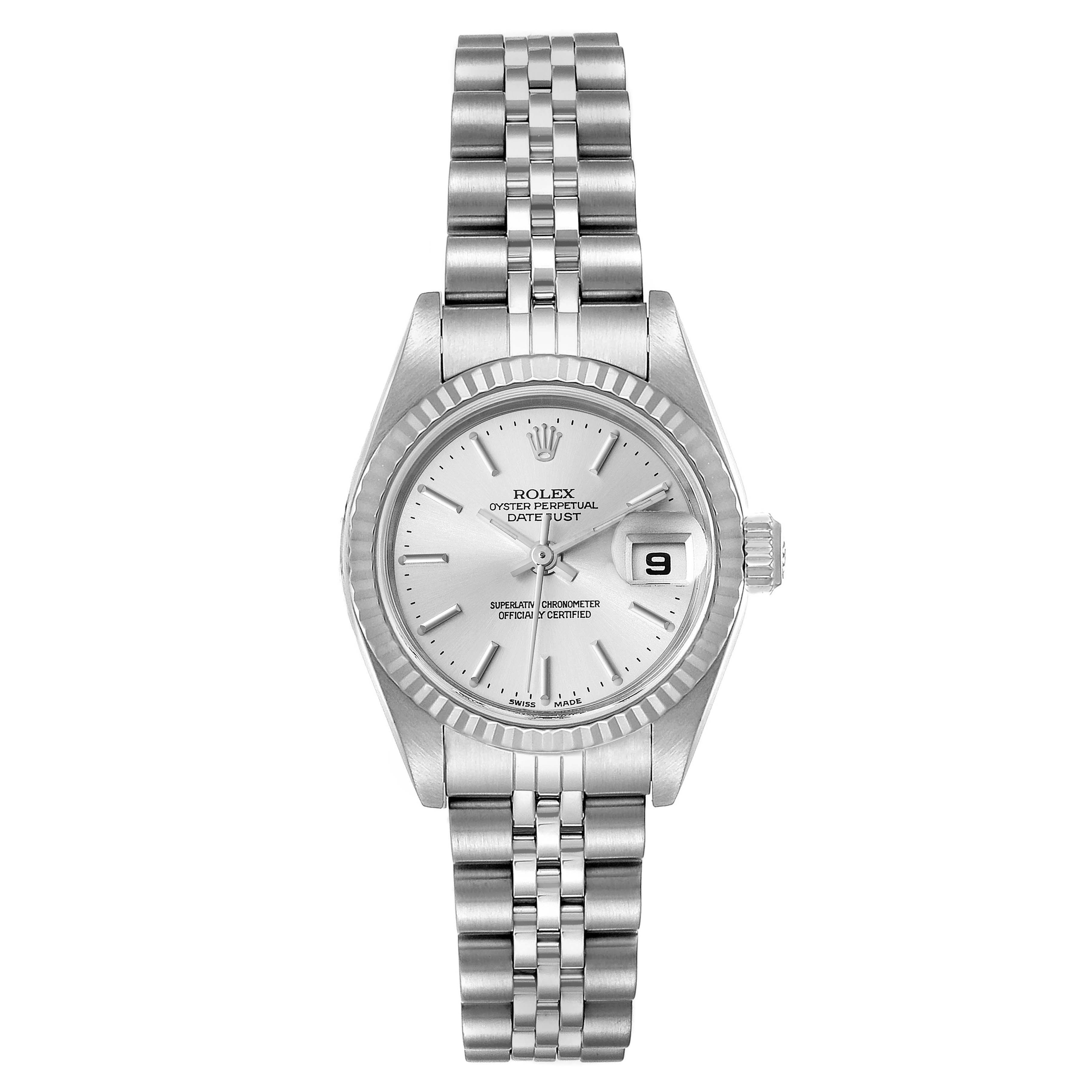 The image shows a front view of a Rolex Datejust 79174 Women
s Stainless Steel Silver Dial 79174 Women
s Stainless Steel Silver Dial watch, displaying the dial, bezel, crown, and bracelet.