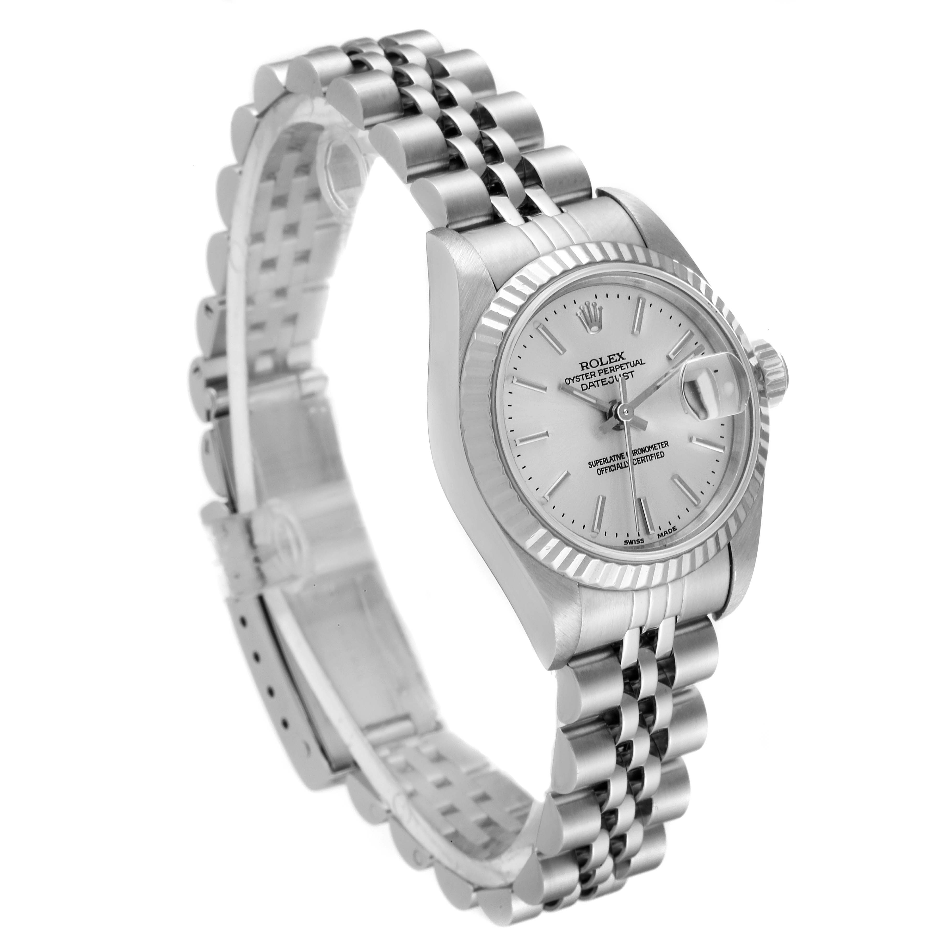 This image shows a Rolex Datejust 79174 Women
s Stainless Steel Silver Dial 79174 Women
s Stainless Steel Silver Dial watch from an angled side view, highlighting the bracelet, case, and dial.