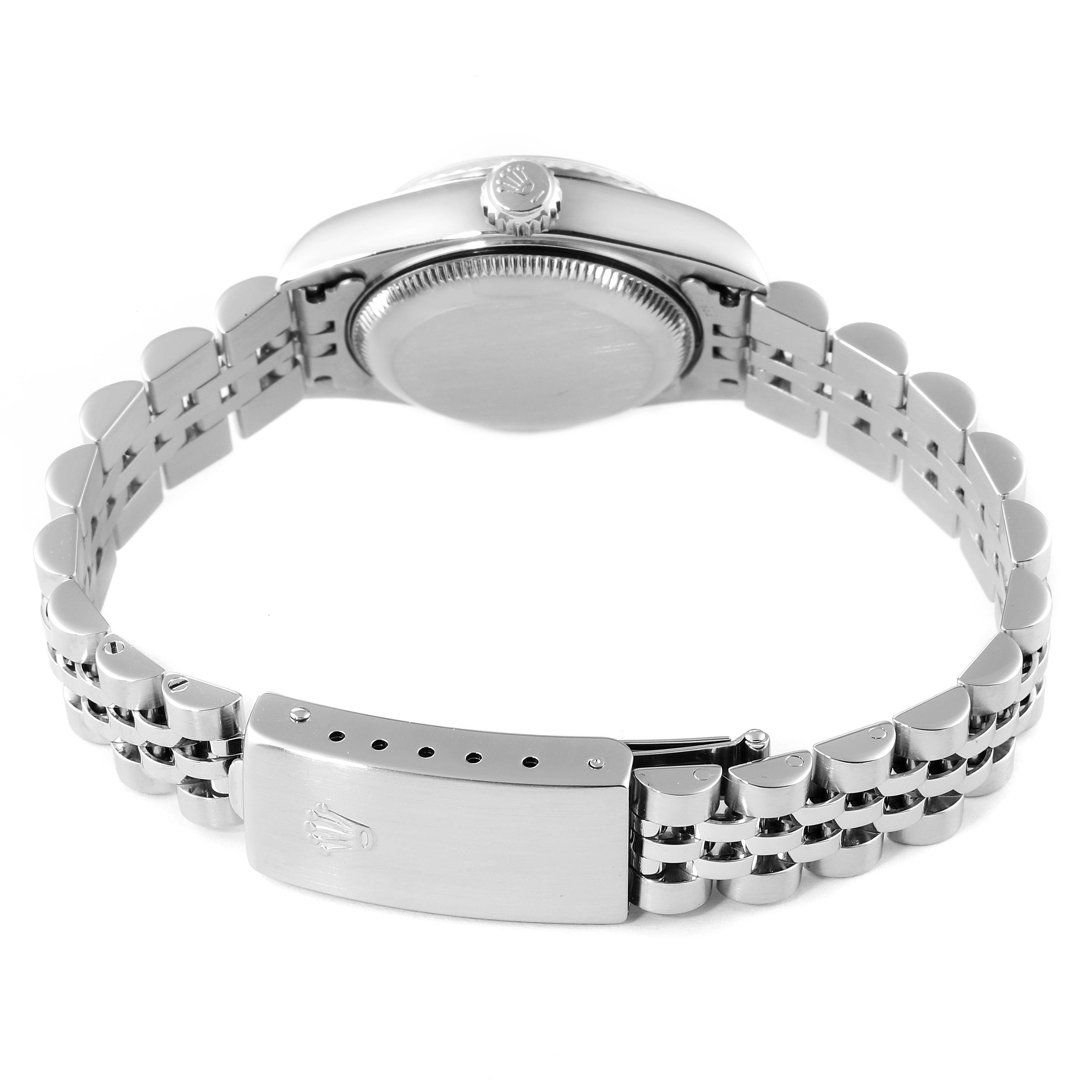This image shows the back view of a Rolex Datejust 79174 Women
s Stainless Steel Silver Dial 79174 Women
s Stainless Steel Silver Dial model watch, focusing on the bracelet and clasp.