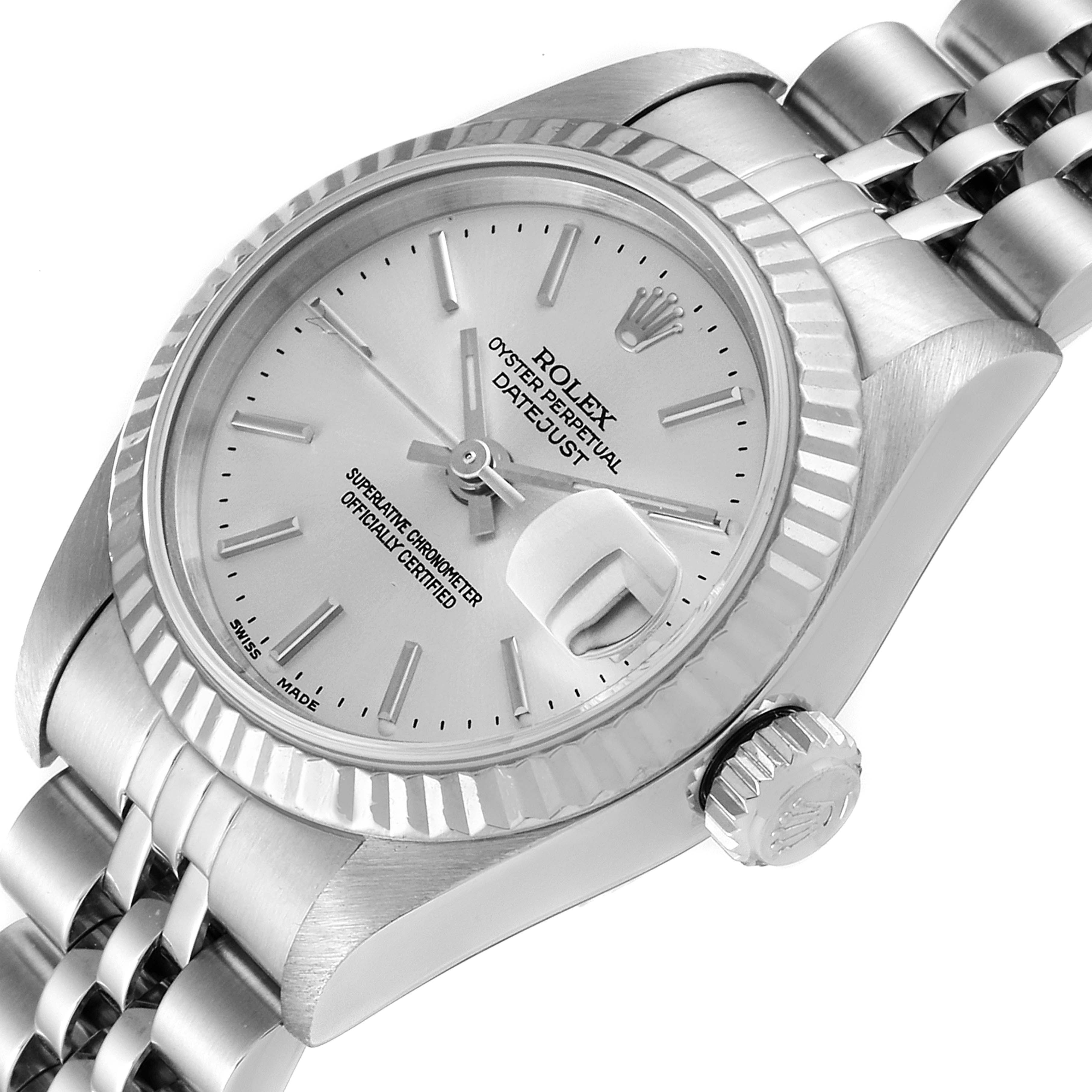 The image shows a close-up, angled view of the Rolex Datejust 79174 Women
s Stainless Steel Silver Dial 79174 Women
s Stainless Steel Silver Dial watch, highlighting its face, bezel, crown, and part of the bracelet.
