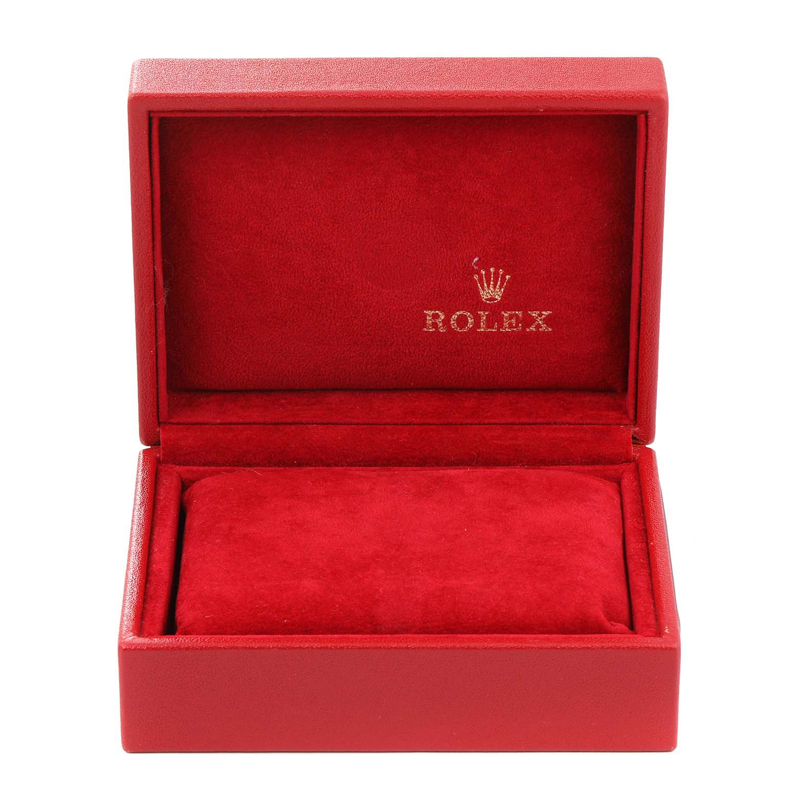 This image shows an open red Rolex watch box for a Datejust model.