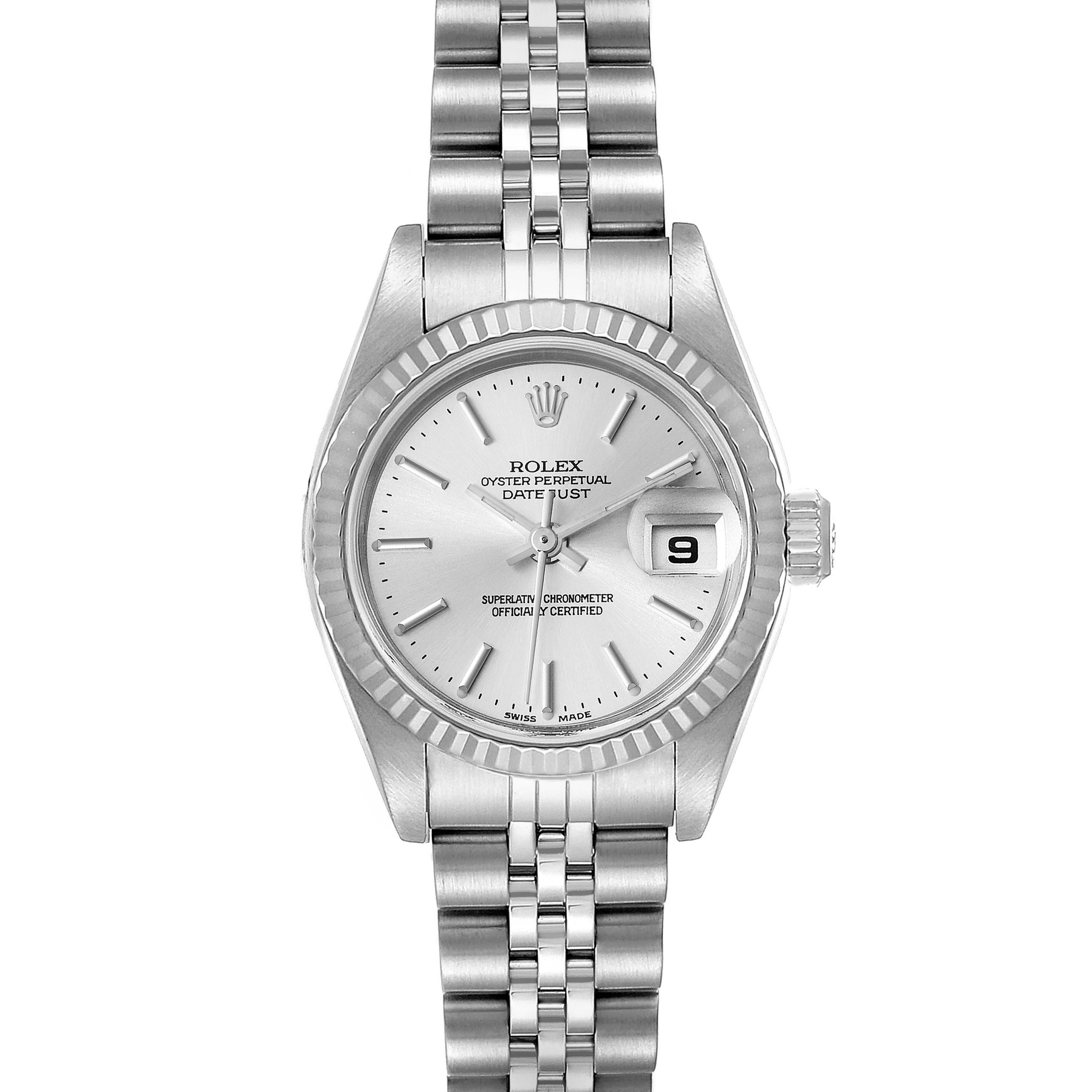 The image shows a front view of a Rolex Datejust 79174 Women
s Stainless Steel Silver Dial 79174 Women
s Stainless Steel Silver Dial watch featuring its face, crown, and bracelet.