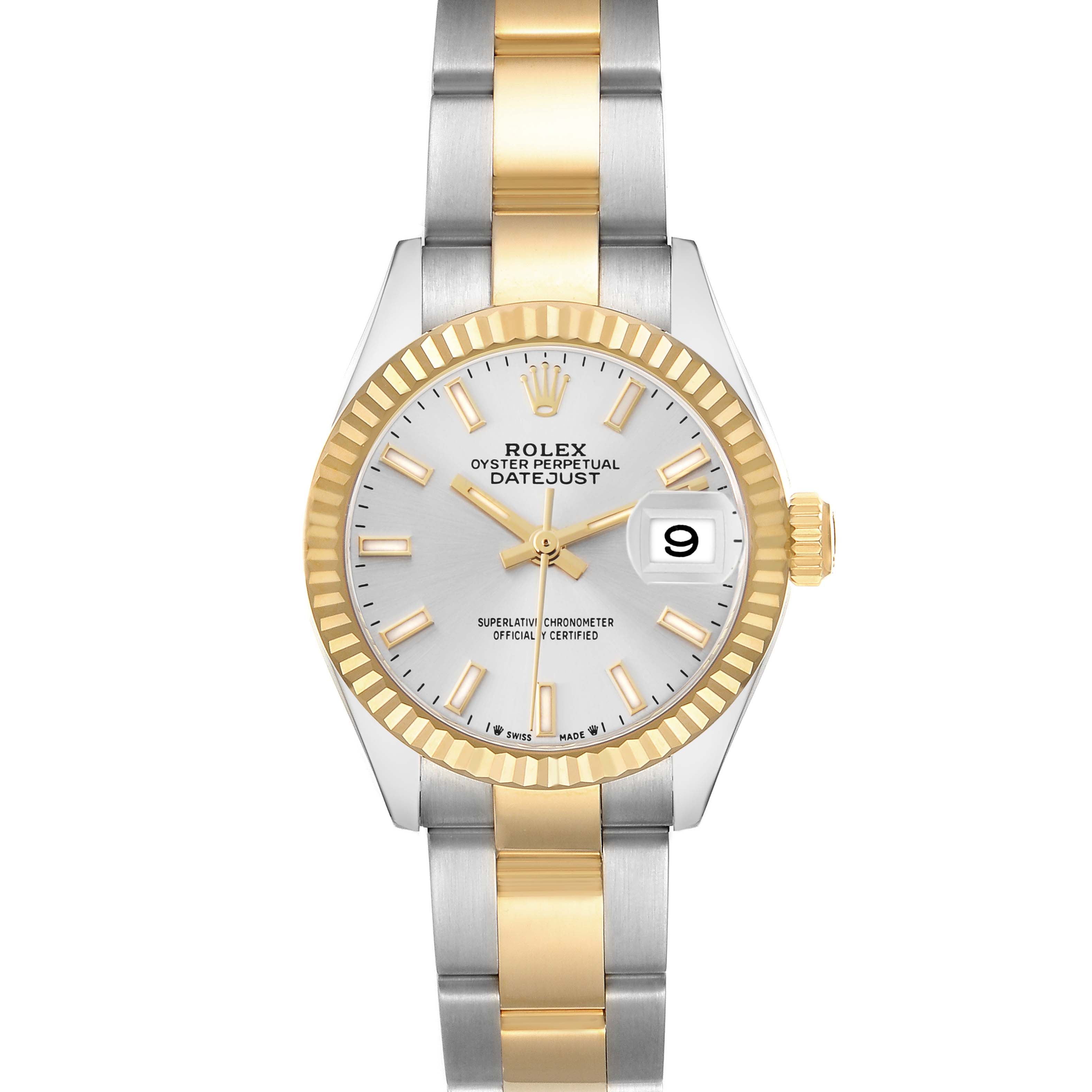 The Rolex Datejust 279173 Women
s Steel and Gold (two tone) Silver Dial is shown from a front view, highlighting the dial, bezel, and two-tone bracelet.