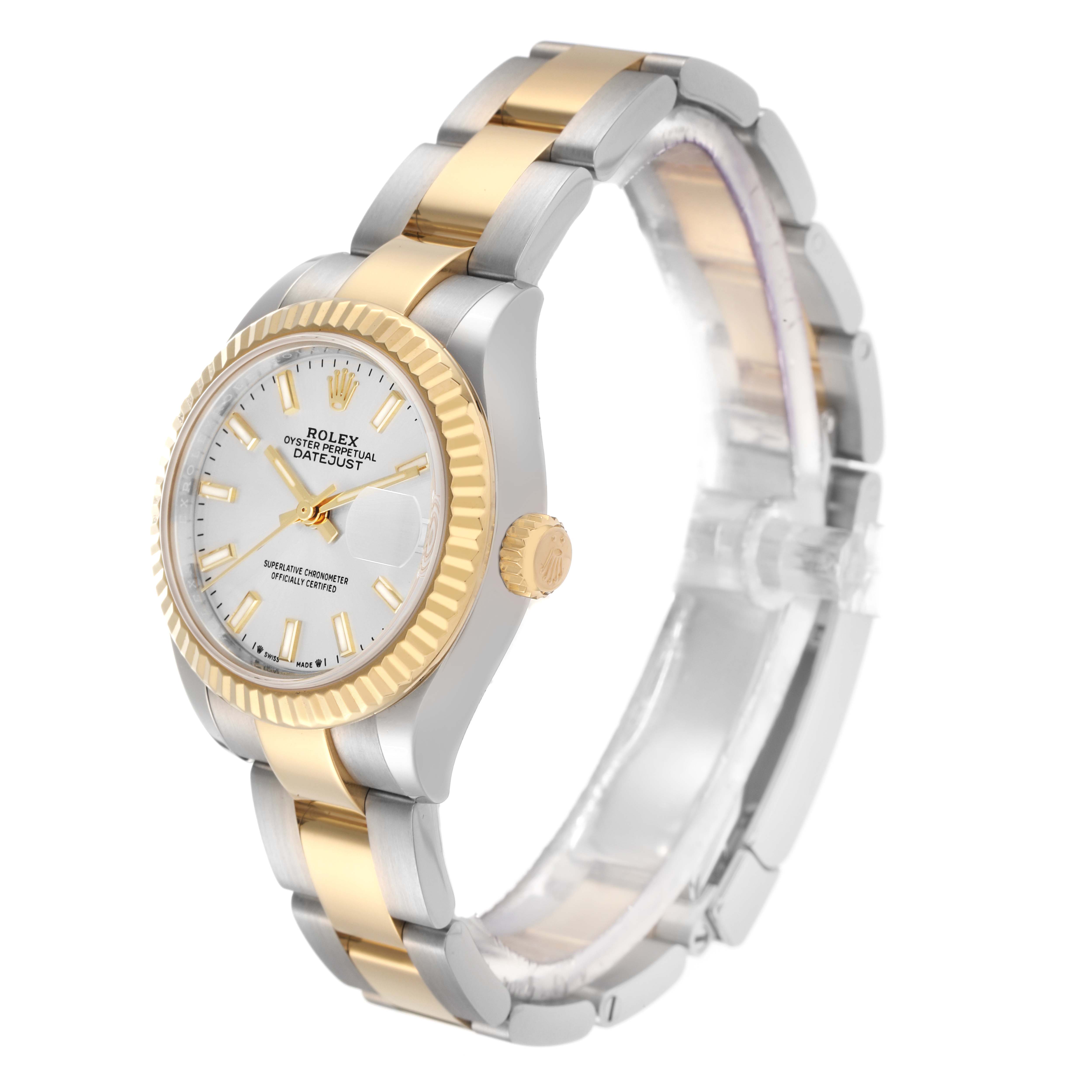 The Rolex Datejust 279173 Women
s Steel and Gold (two tone) Silver Dial is shown at an oblique angle, displaying the dial, fluted bezel, two-tone bracelet, and crown.
