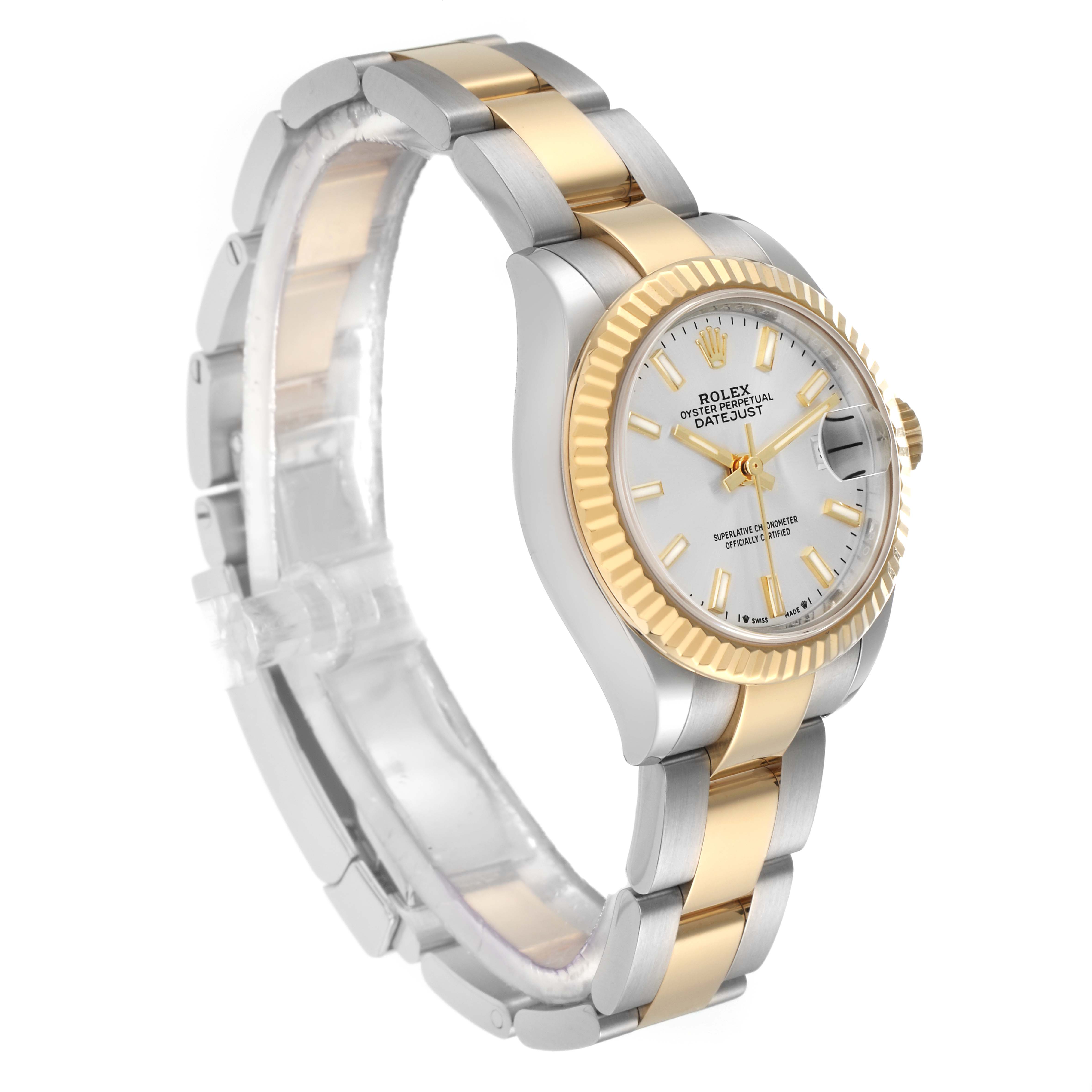 The Rolex Datejust 279173 Women
s Steel and Gold (two tone) Silver Dial watch is shown at an angle highlighting the face, bezel, crown, and two-tone bracelet.