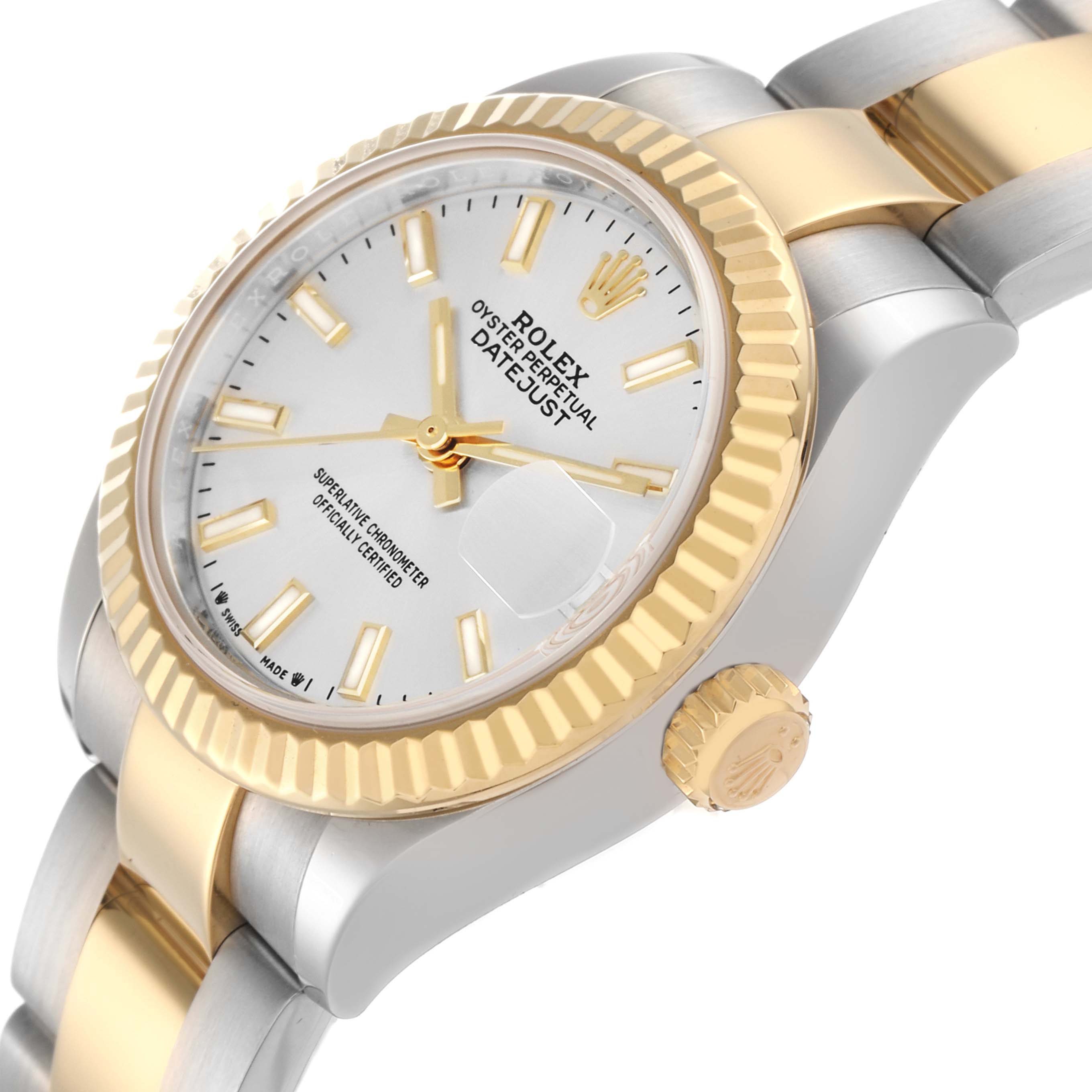 The Rolex Datejust 279173 Women
s Steel and Gold (two tone) Silver Dial watch is shown at a slight angle, highlighting the dial, fluted bezel, crown, and part of the bracelet.