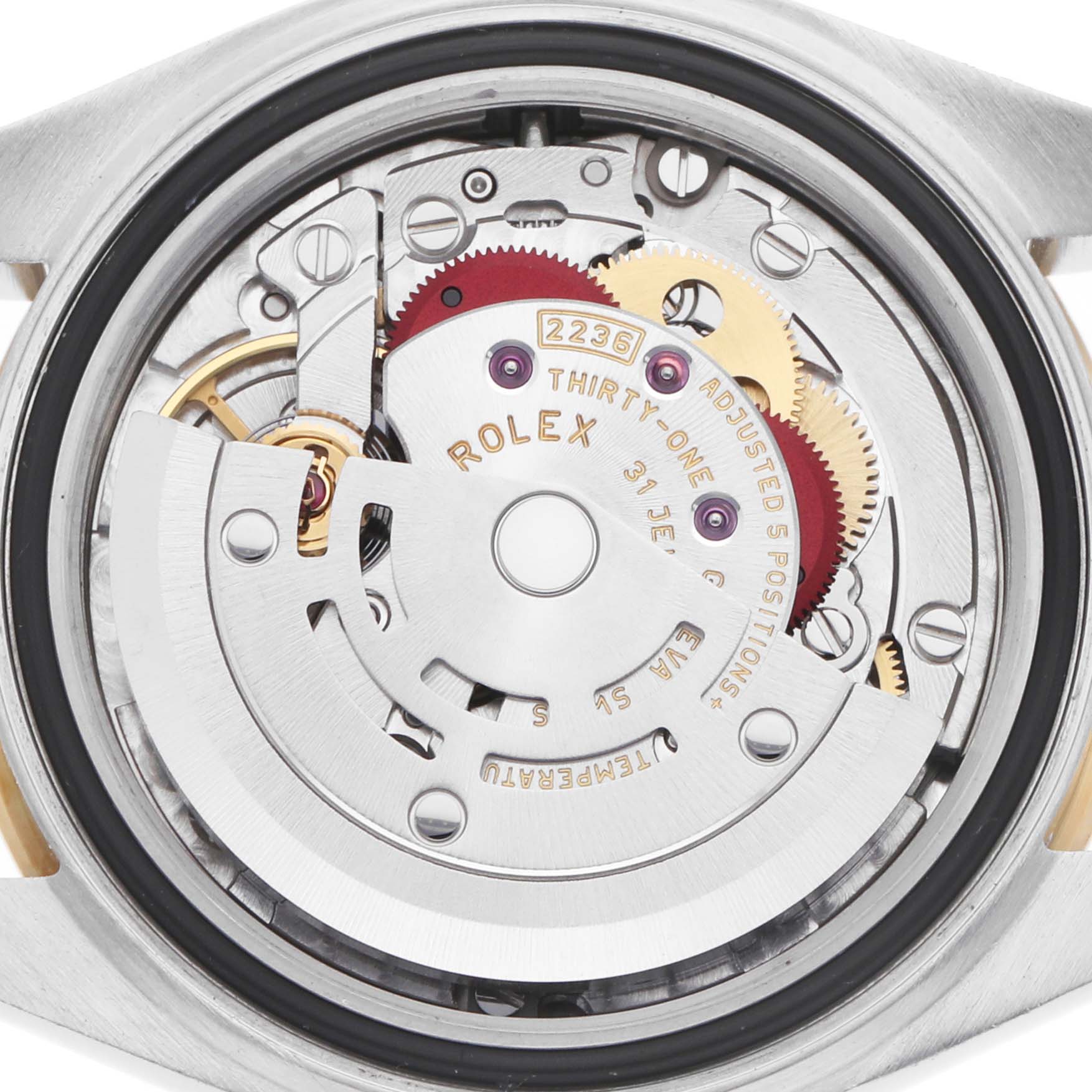 The image shows the case back of a Rolex Datejust 279173 Women
s Steel and Gold (two tone) Silver Dial, revealing its intricate automatic movement components.