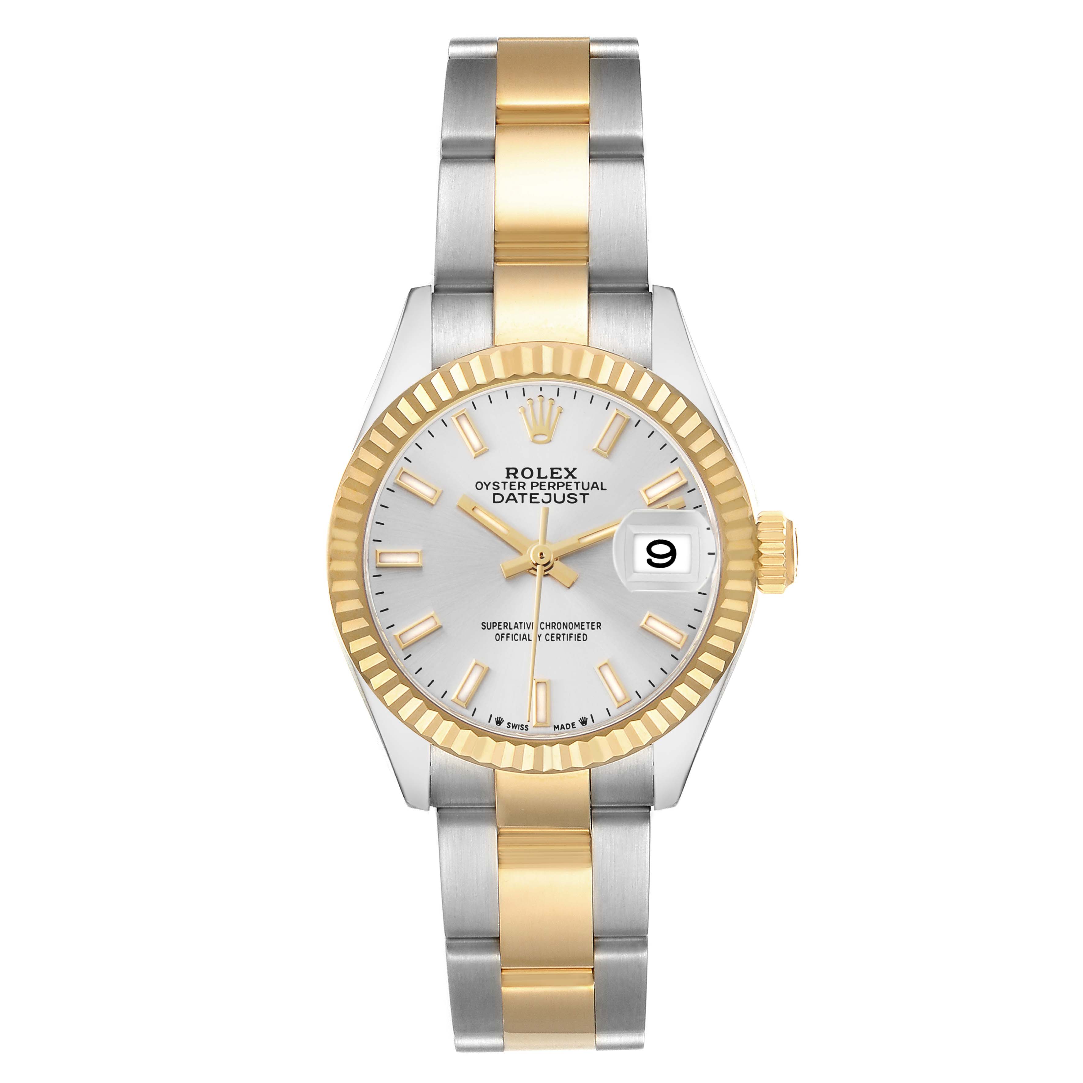 The Rolex Datejust 279173 Women
s Steel and Gold (two tone) Silver Dial watch is shown from a front angle, displaying the dial, bezel, and bracelet.