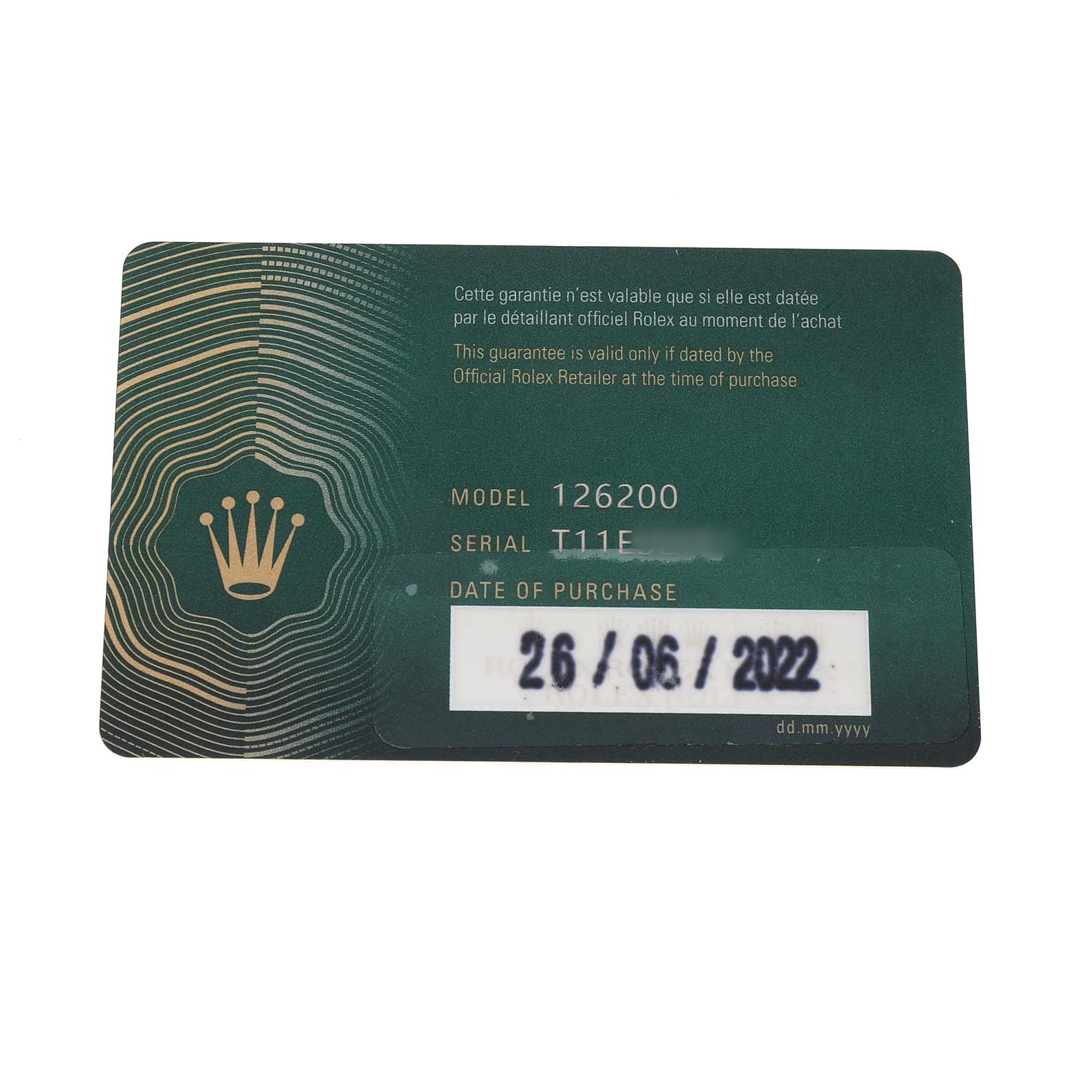 The image shows a guarantee card for a Rolex Datejust 126200 Men's Stainless Steel Green Dial model 126200, displaying the model and serial number with the purchase date.