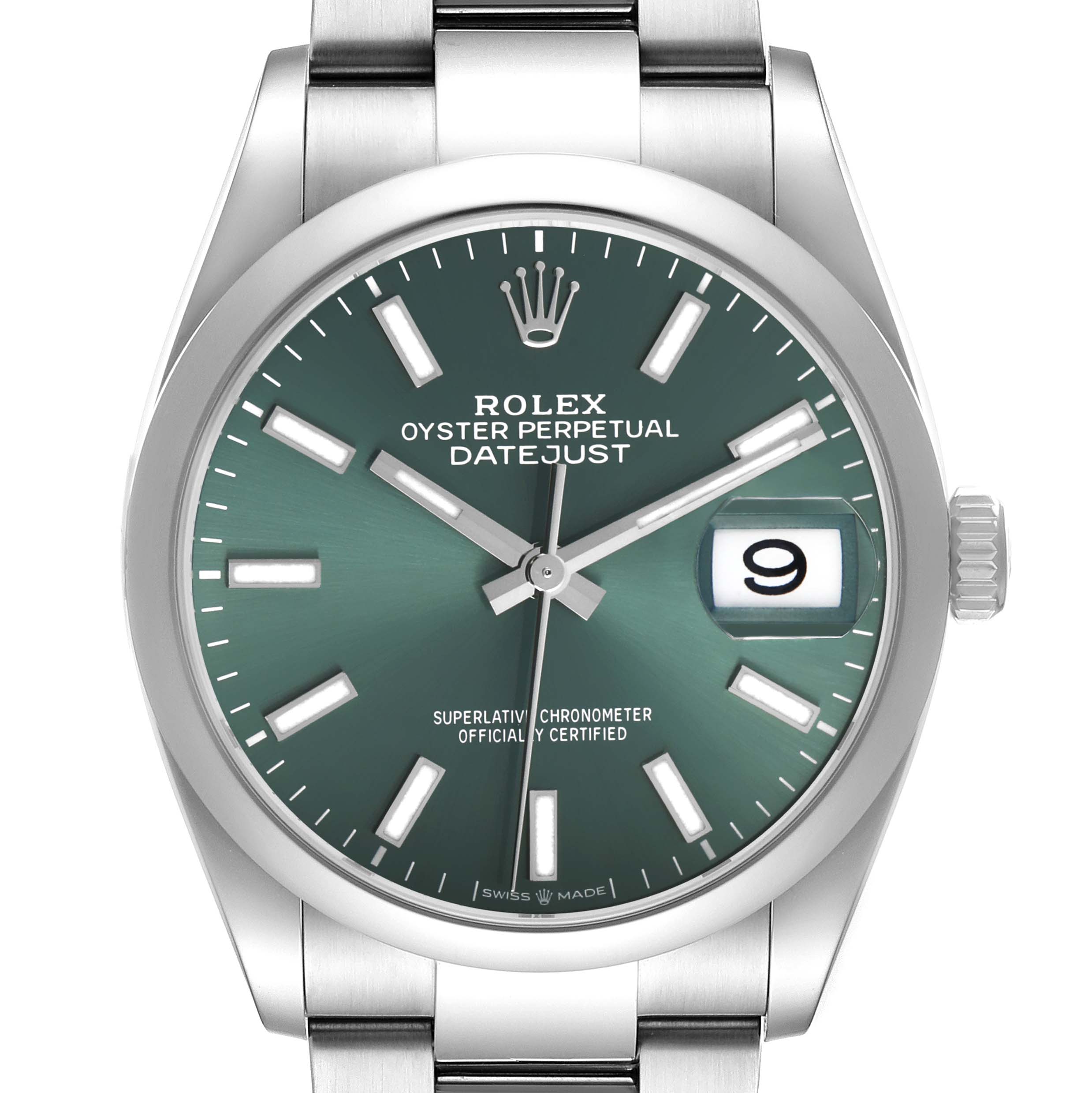 The watch is shown from a front angle, displaying the dial, hands, markers, and date window of the Rolex Datejust 126200 Men's Stainless Steel Green Dial.