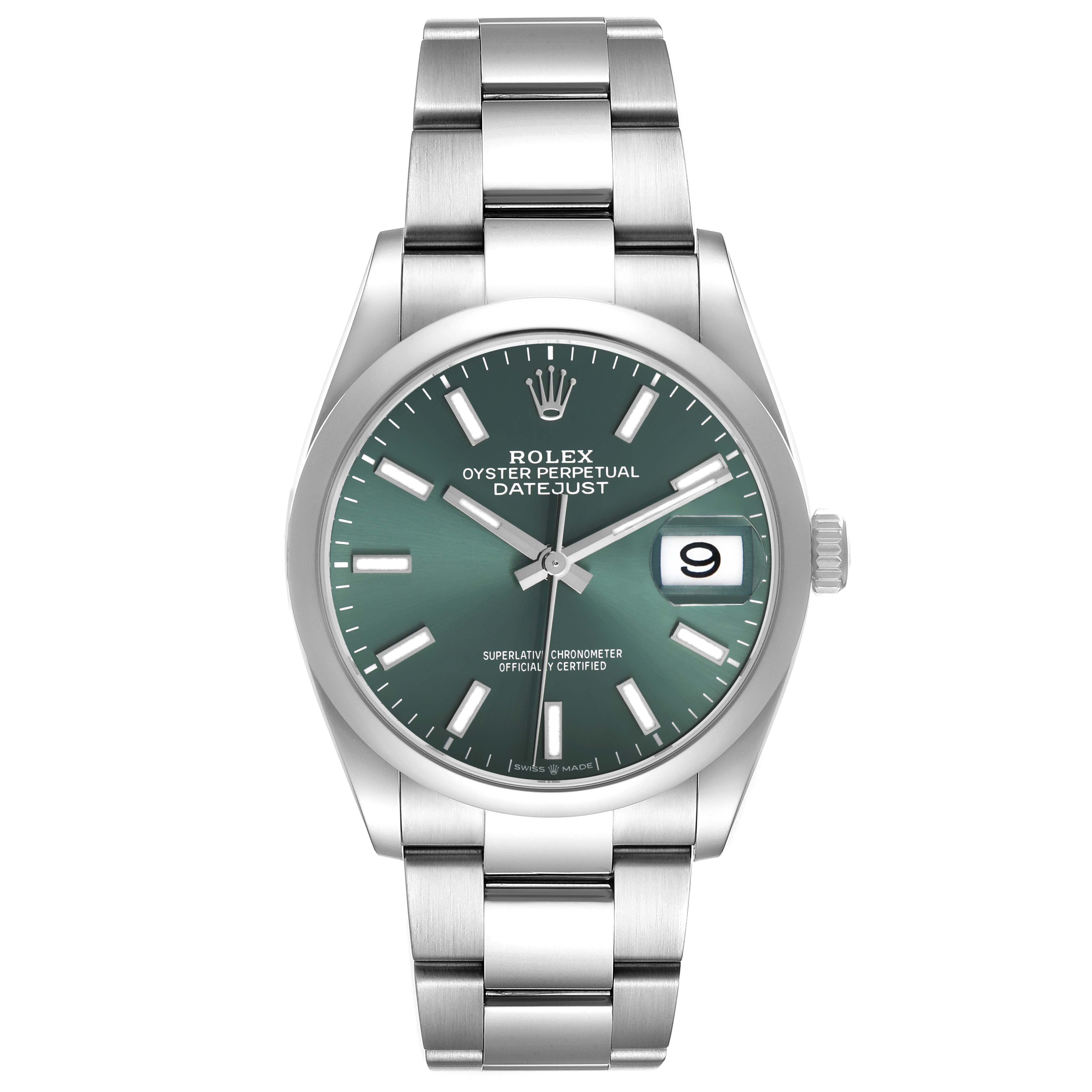 The Rolex Datejust 126200 Men's Stainless Steel Green Dial watch is shown from a top-down angle, highlighting the dial, bezel, bracelet, and crown.