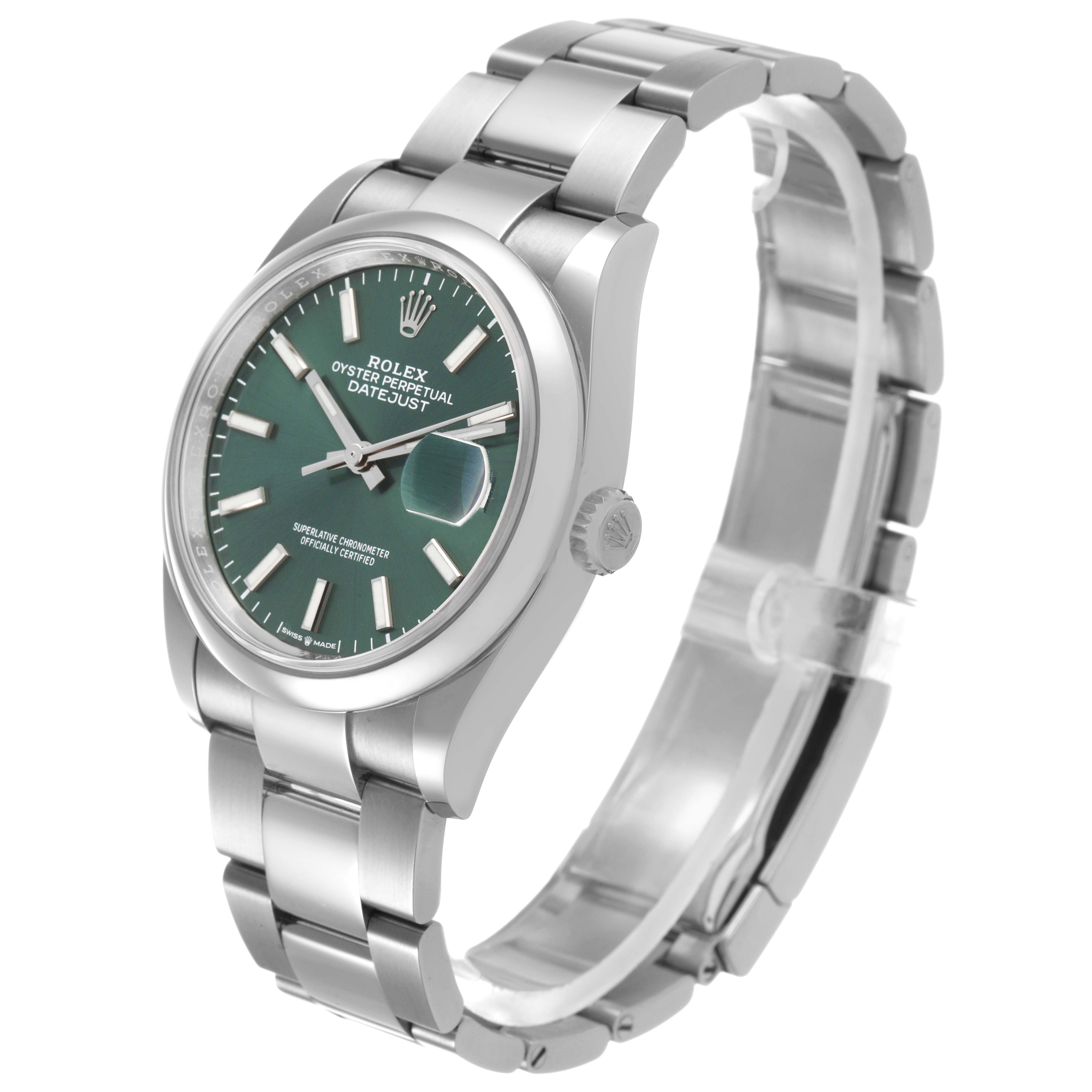 The Rolex Datejust 126200 Men's Stainless Steel Green Dial watch is shown at a three-quarter angle, highlighting the face, bezel, crown, and bracelet.