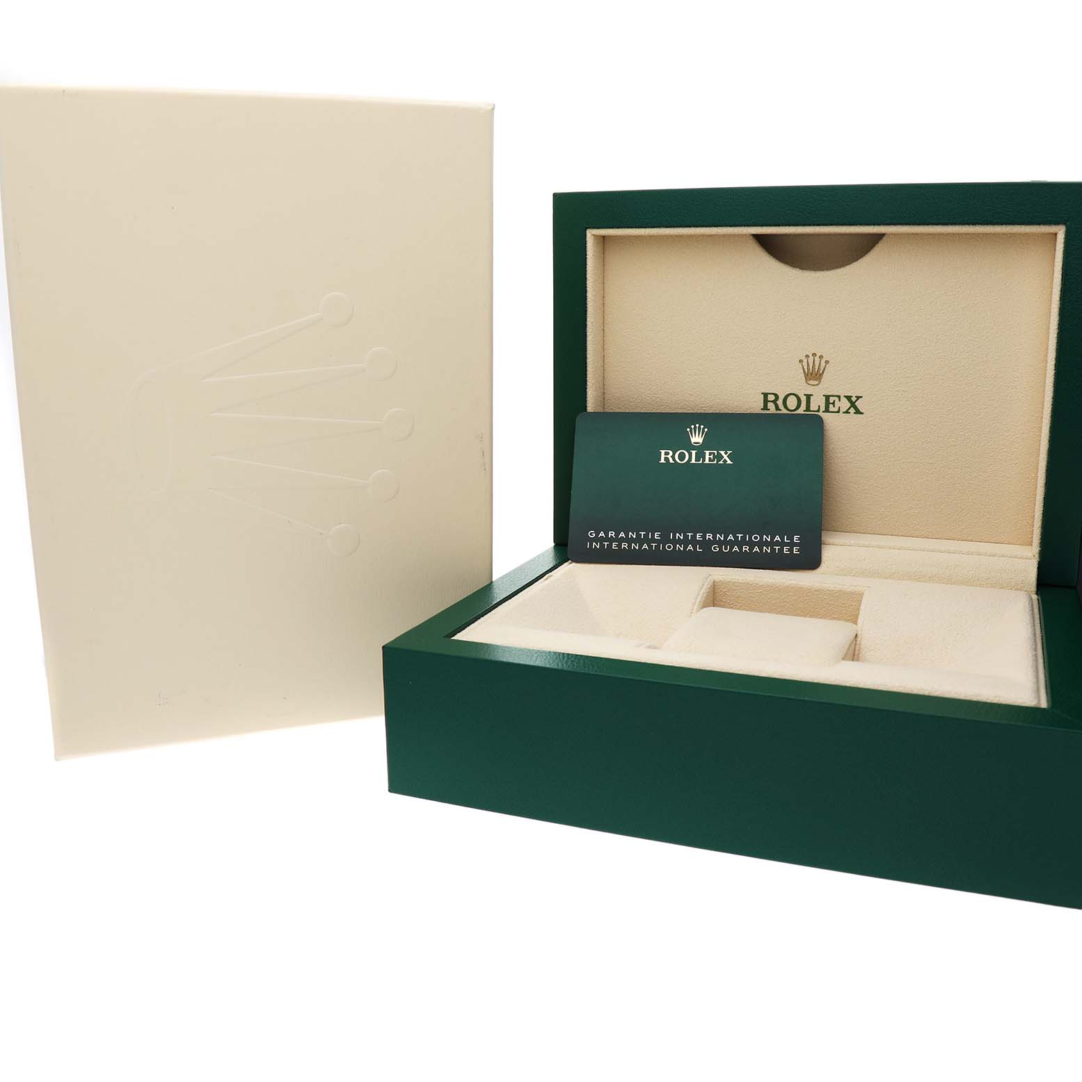 The image shows a Rolex Datejust 126200 Men's Stainless Steel Green Dial watch box, international guarantee card, and outer sleeve from the front angle.