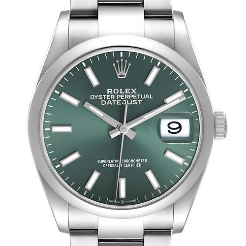 The image shows a front view of a Rolex Datejust 126200 Men's Stainless Steel Green Dial, highlighting the dial, hands, date window, and part of the bracelet.