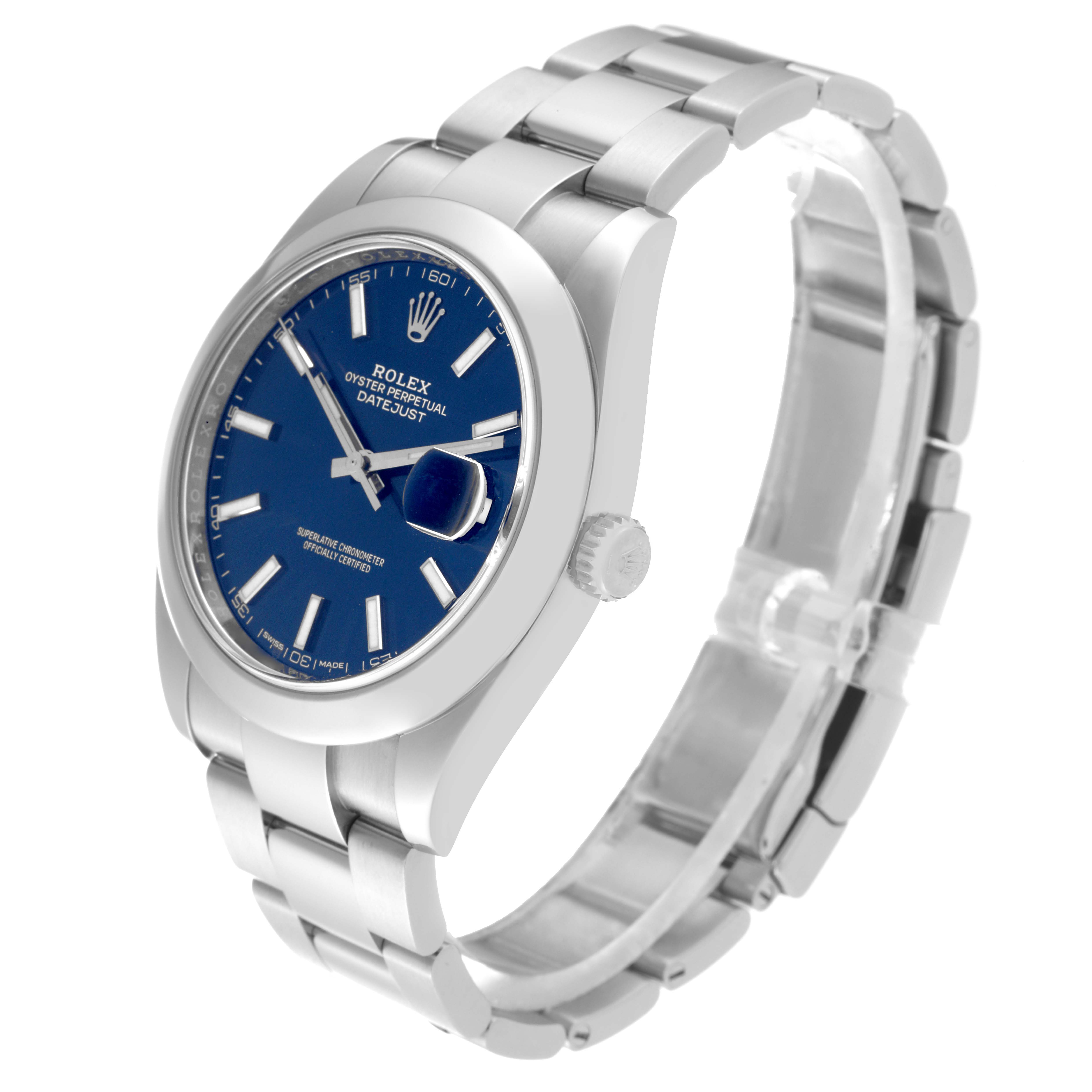 The Rolex Datejust 41 126300 Men
s Stainless Steel Blue Dial 126300 Men
s Stainless Steel Blue Dial watch is shown at a slight angle, displaying its blue dial, bezel, crown, and stainless steel bracelet.