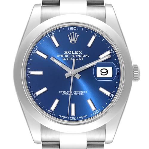 This image shows a front view of a Rolex Datejust 41 watch, highlighting the blue dial, date window, and part of the bracelet.