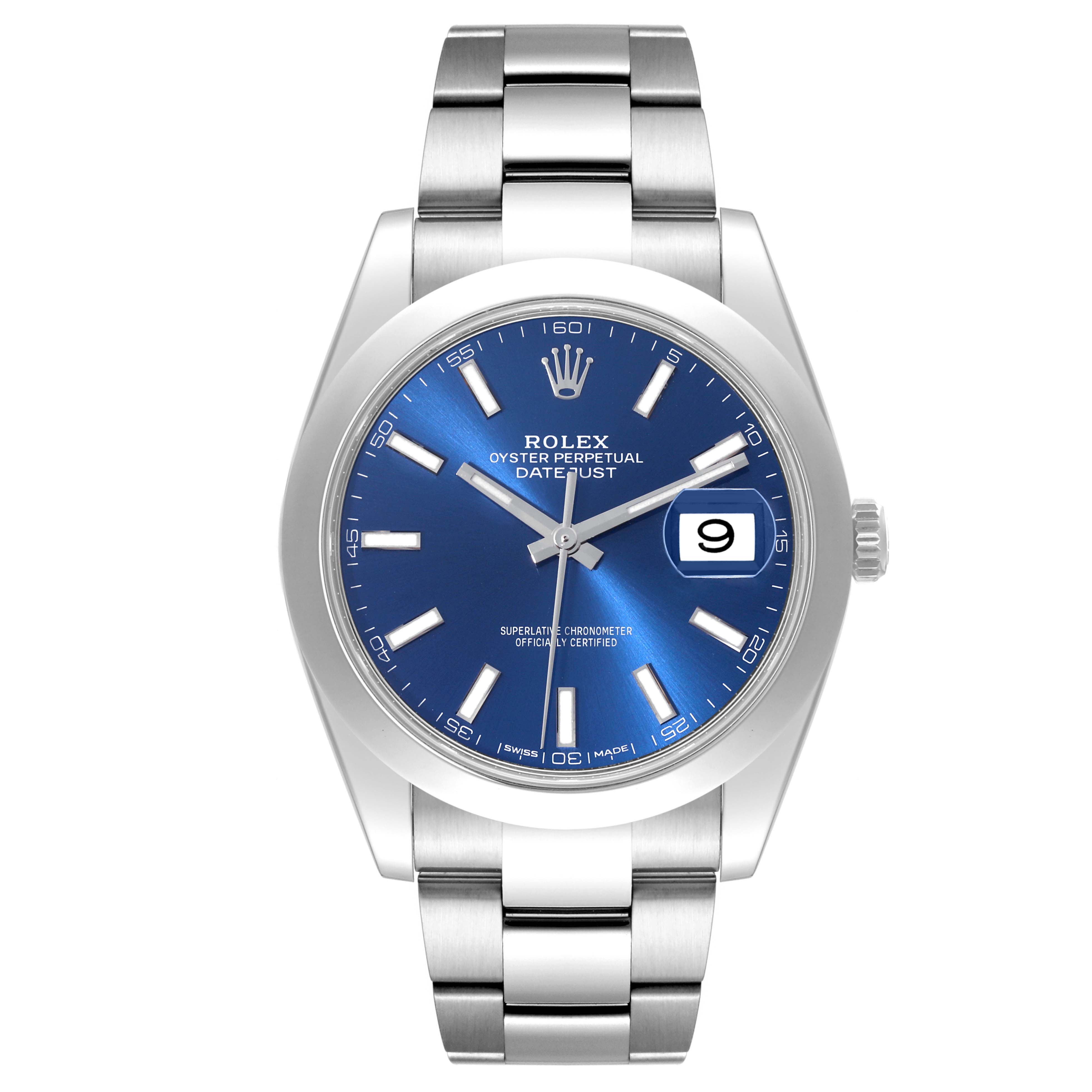 This image shows a front view of the Rolex Datejust 41 126300 Men
s Stainless Steel Blue Dial 126300 Men
s Stainless Steel Blue Dial watch, highlighting its blue dial, date window, and stainless steel bracelet.