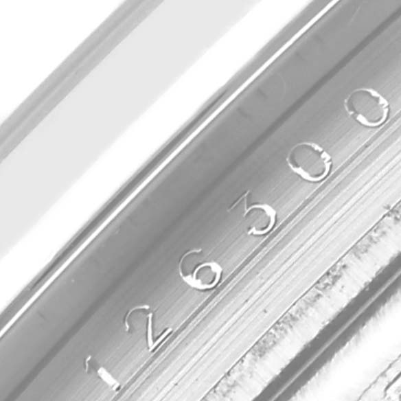 This image shows a close-up of the bezel with its engraved model number on a Rolex Datejust 41 126300 Men
s Stainless Steel Blue Dial 126300 Men
s Stainless Steel Blue Dial.